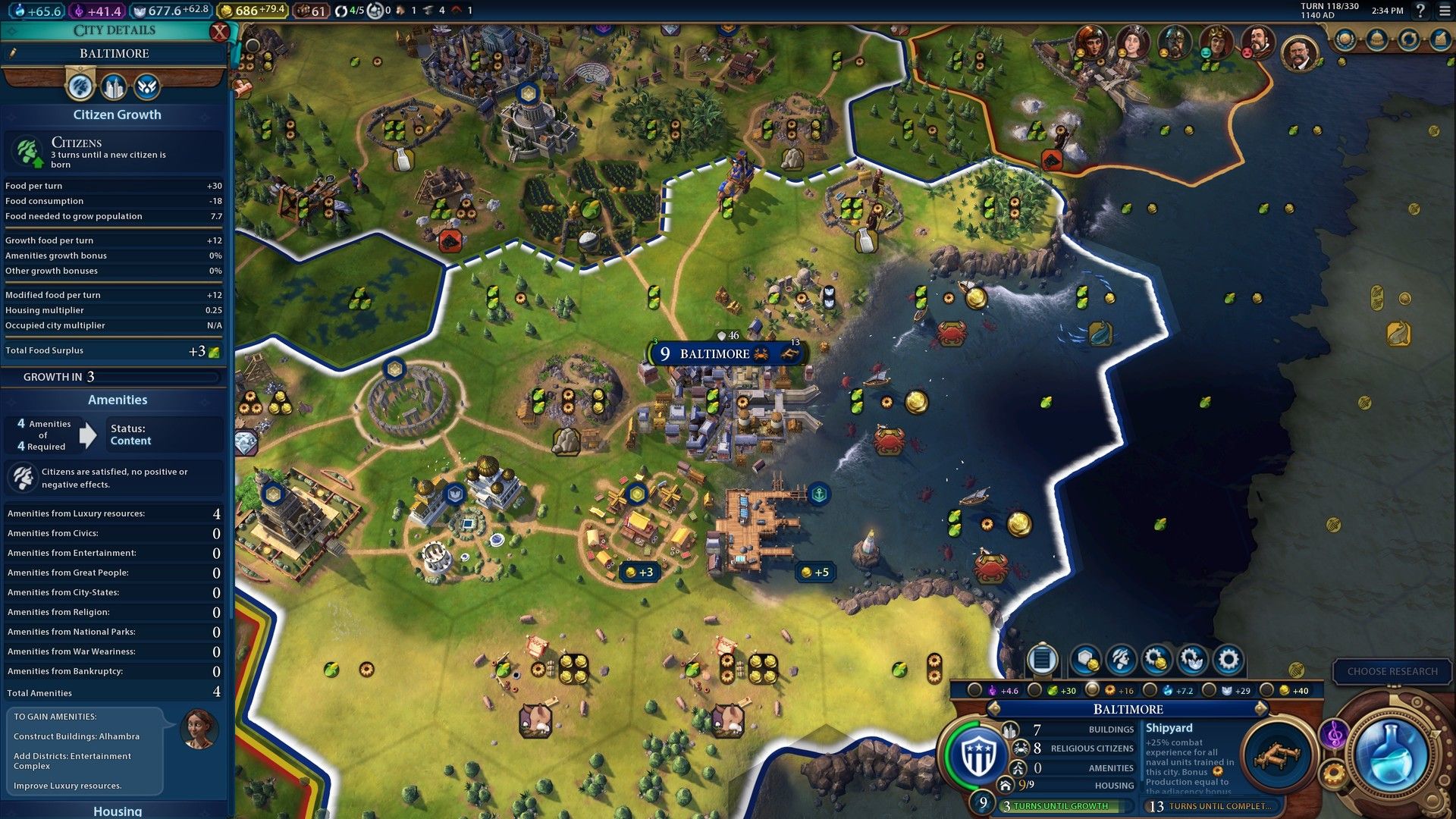 Civilization VI map with the city, borders and interface visible.