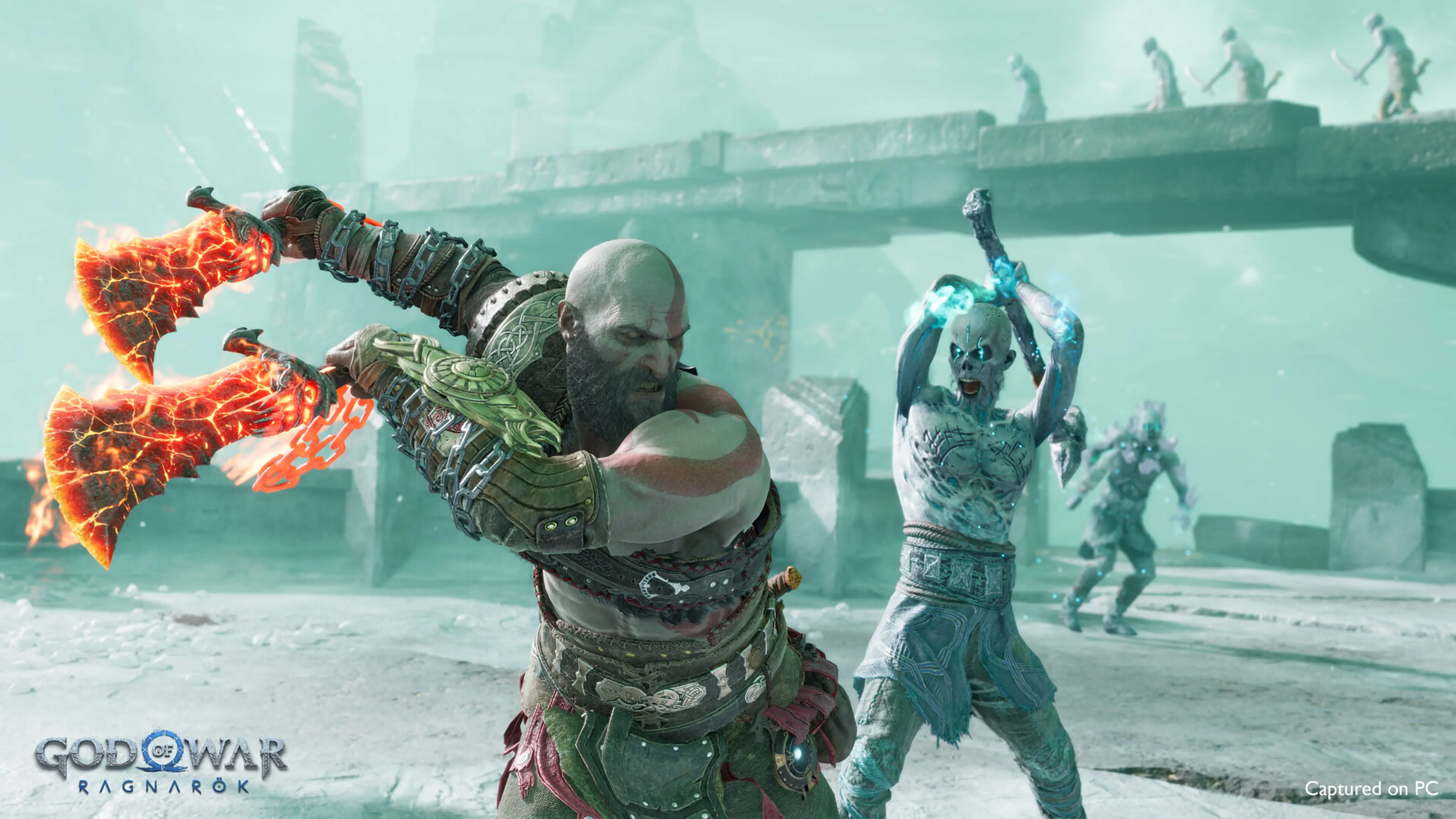 Kratos attacks an undead enemy with flaming blades in God of War Ragnarok.