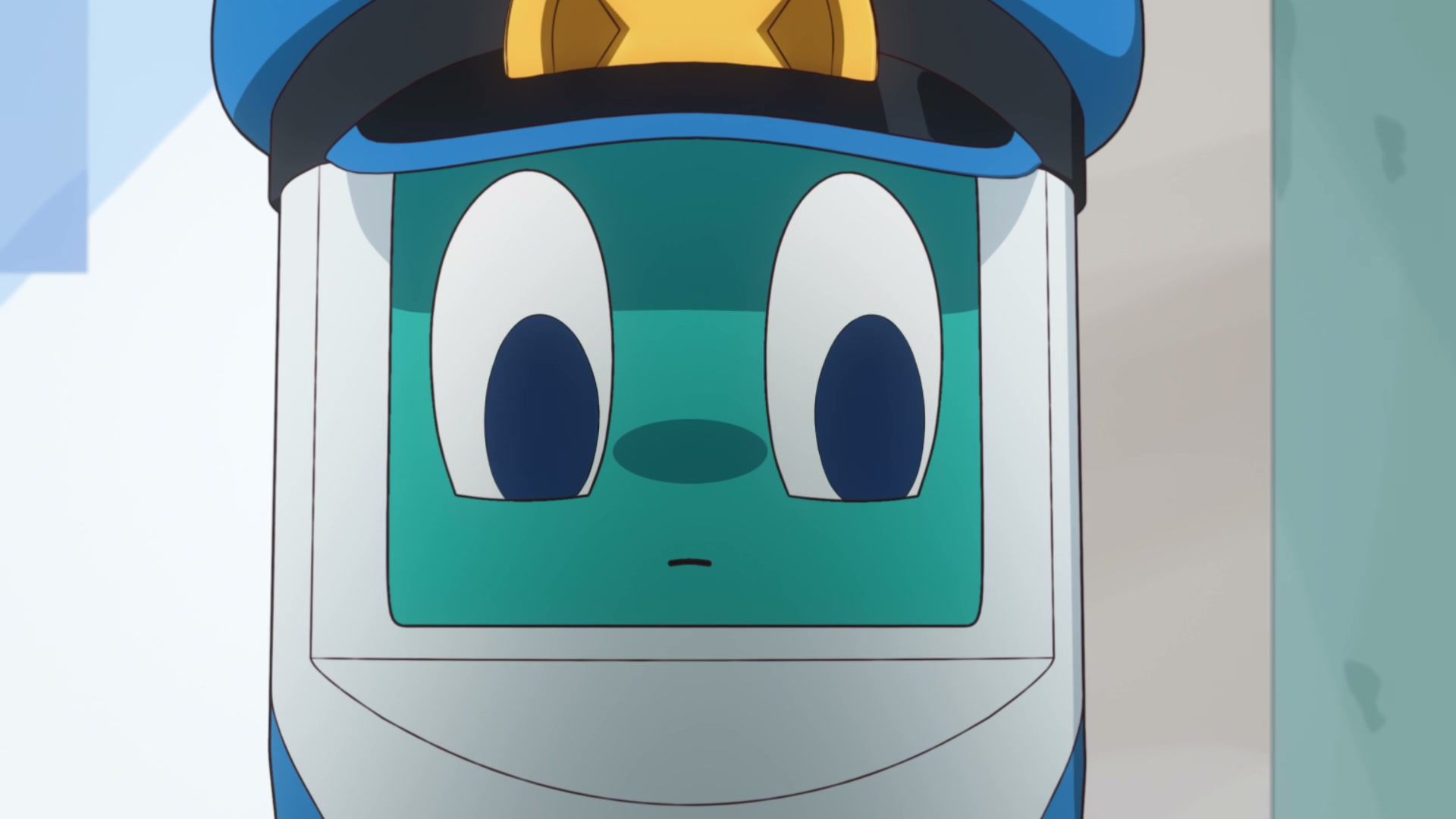 Robo-kun looks ahead in a blue police cap.