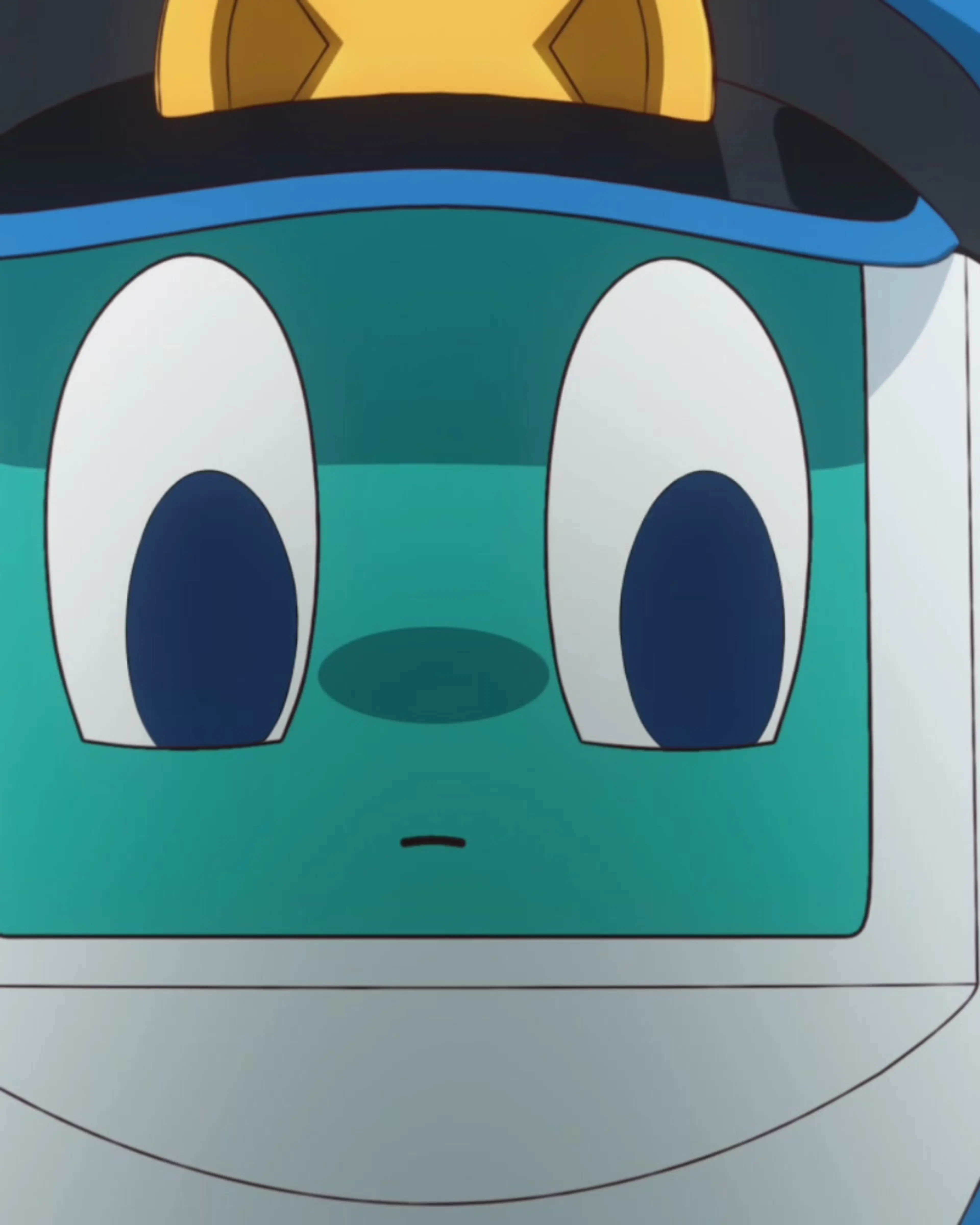 Robo-kun looks ahead in a blue police cap.