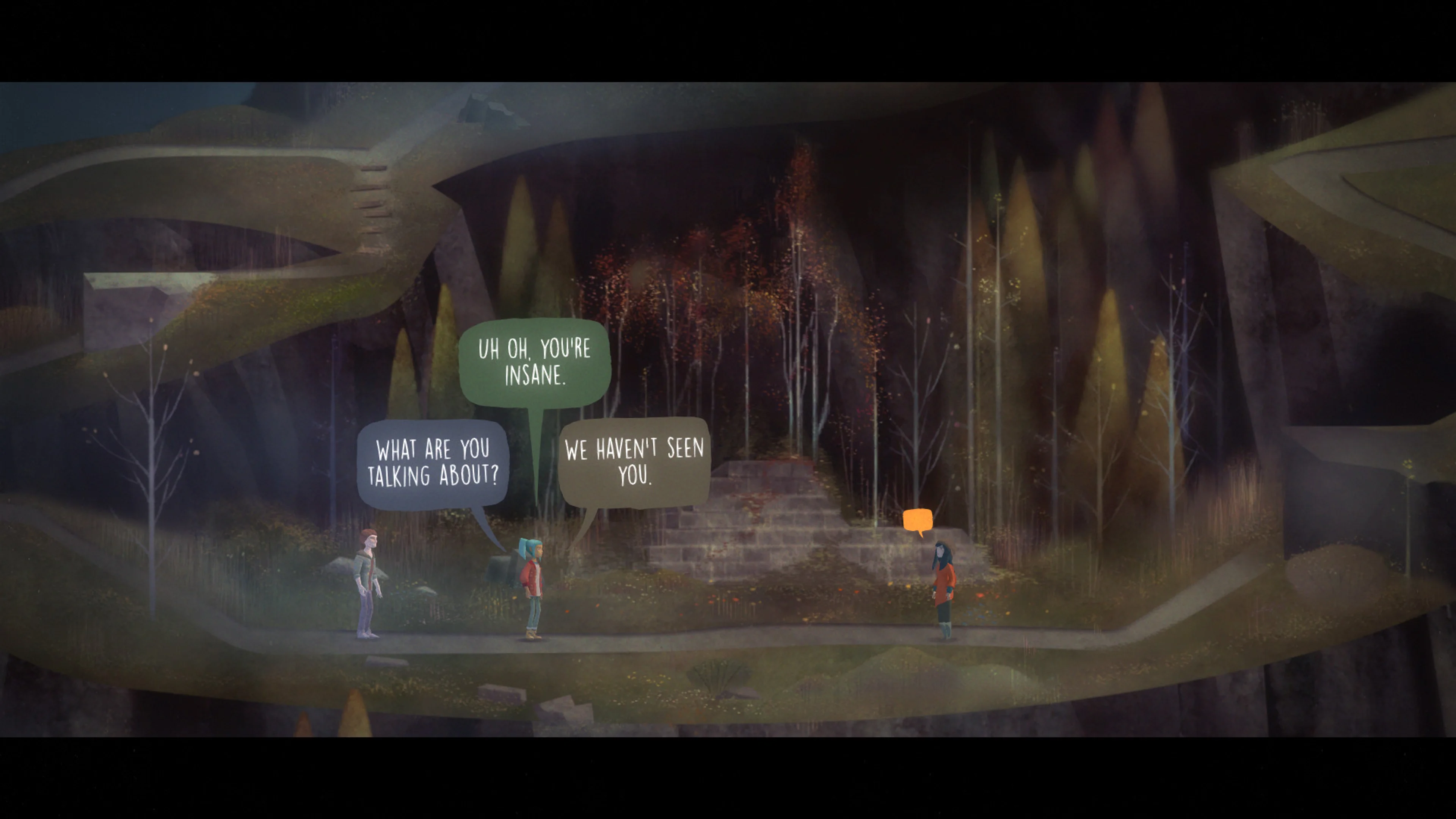Dialogue choices appear as characters explore a cave in Oxenfree.