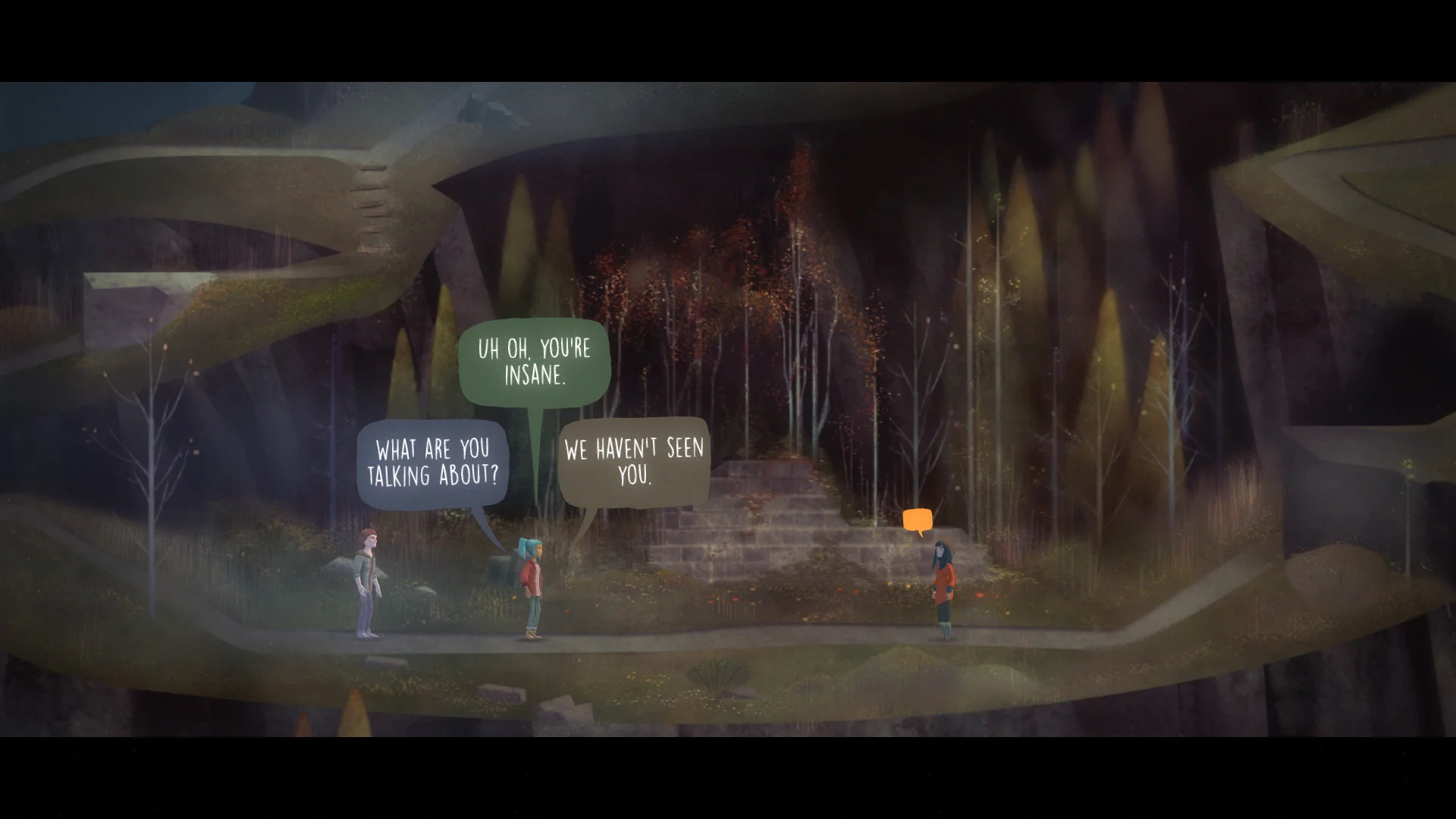 Dialogue choices appear as characters explore a cave in Oxenfree.
