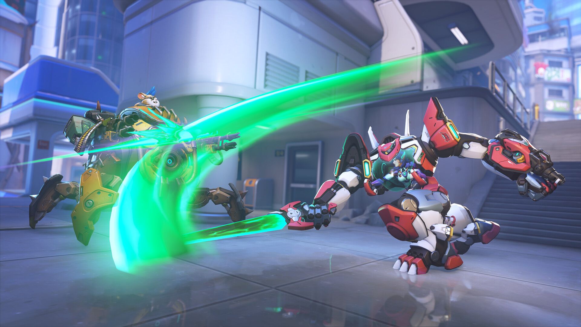 Two heroes clash in a futuristic city street as a bright green attack cuts across the scene in Overwatch.