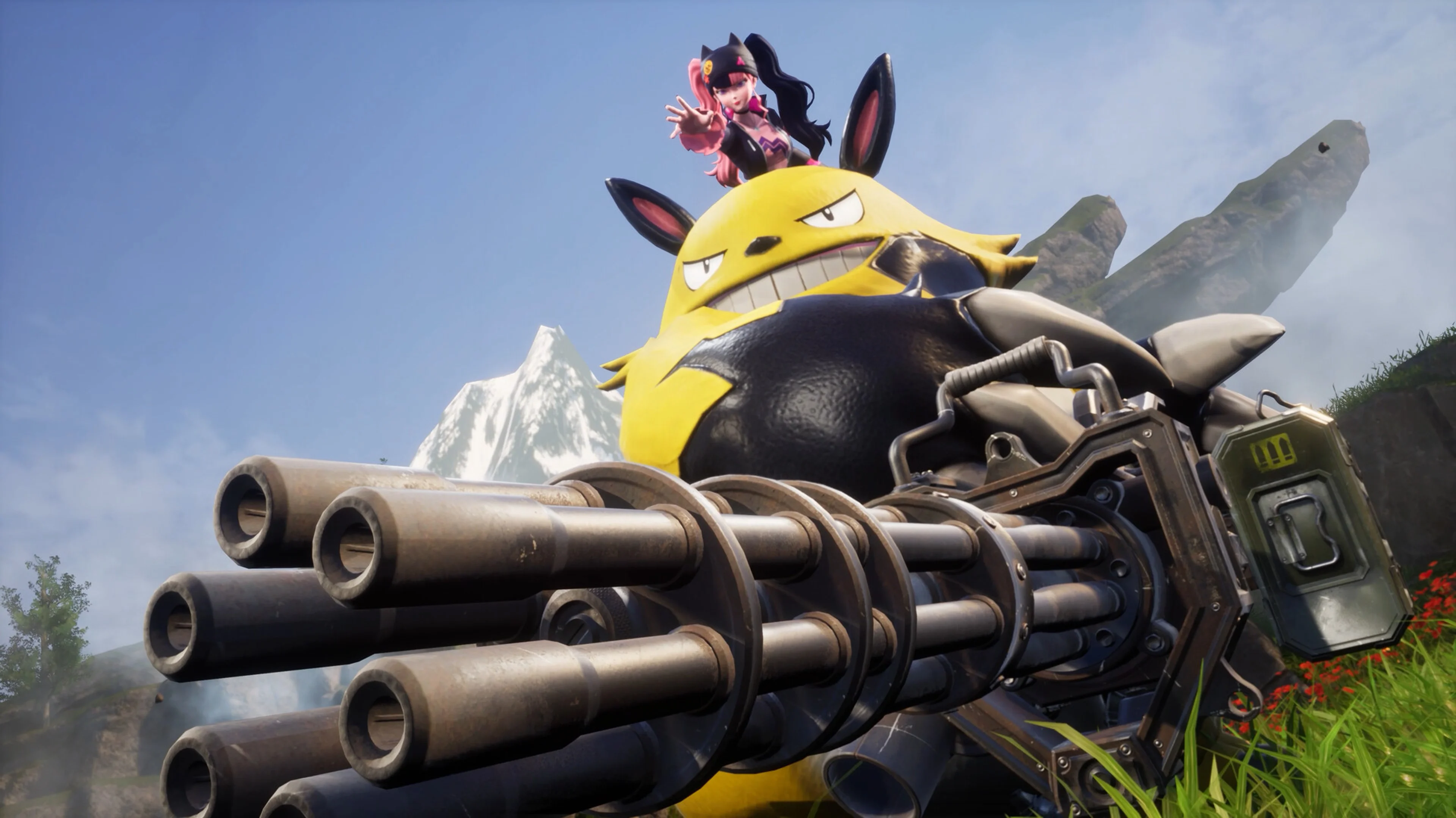 A large yellow Pal carrying a heavy gun beside a Palworld player.