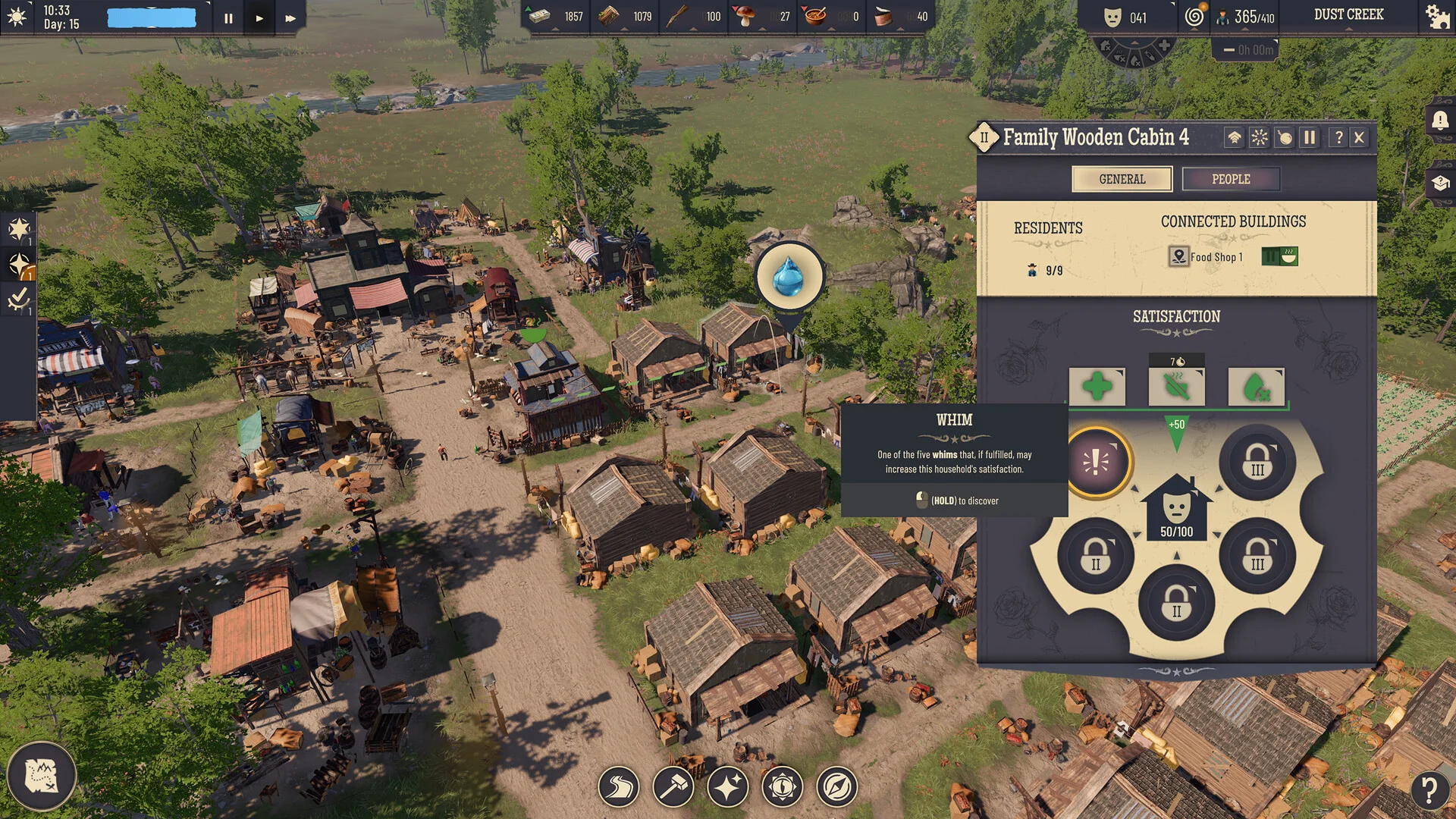 A Wild West Pioneers cabin panel shows residents, connected buildings and satisfaction.