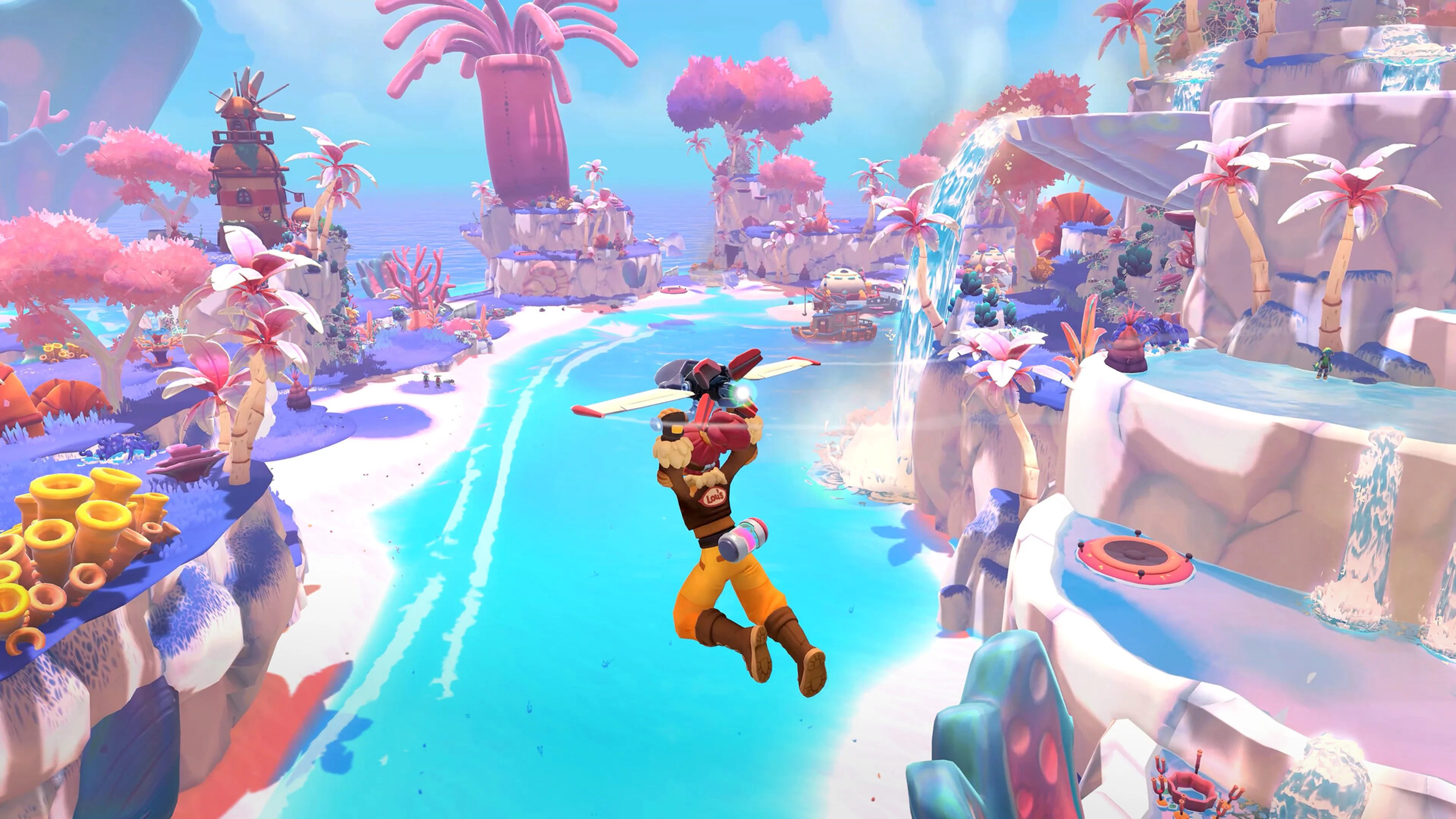 A Lou’s Lagoon character gliding over a bright island with waterfalls and tropical plants