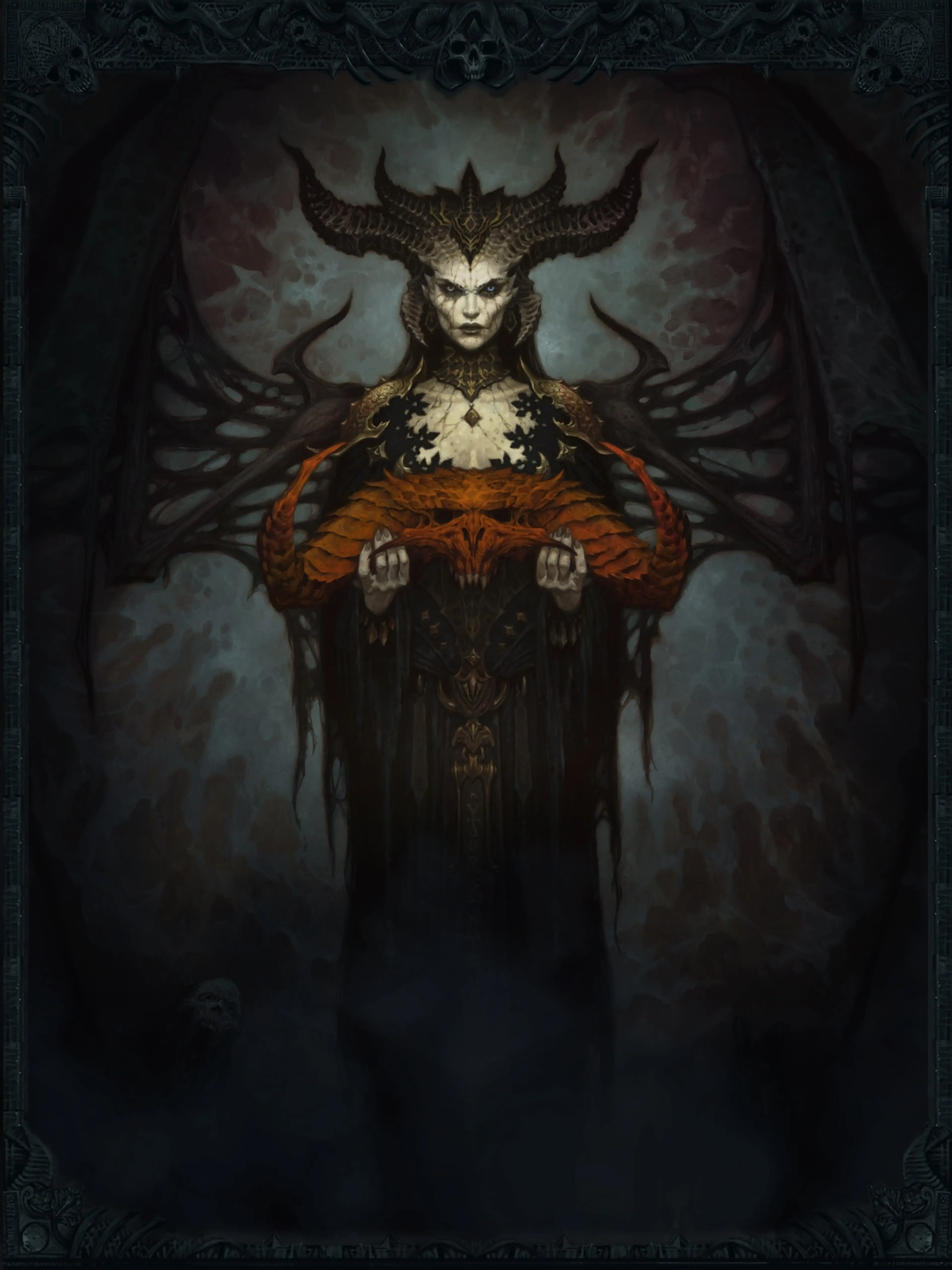 Official Diablo IV artwork showing Lilith framed by demonic wings and carved skulls.