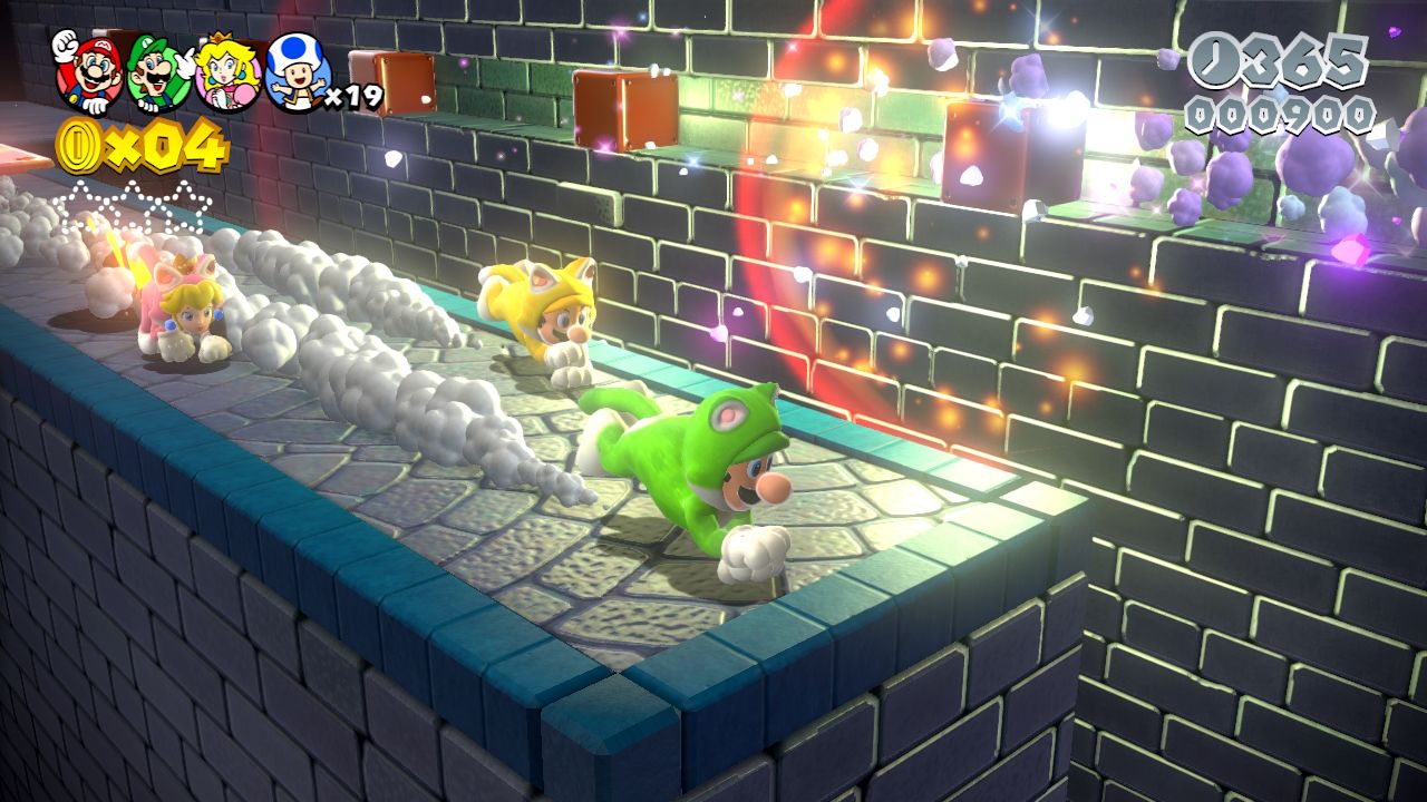 Four Cat-suited Mario characters run across a brick platform.