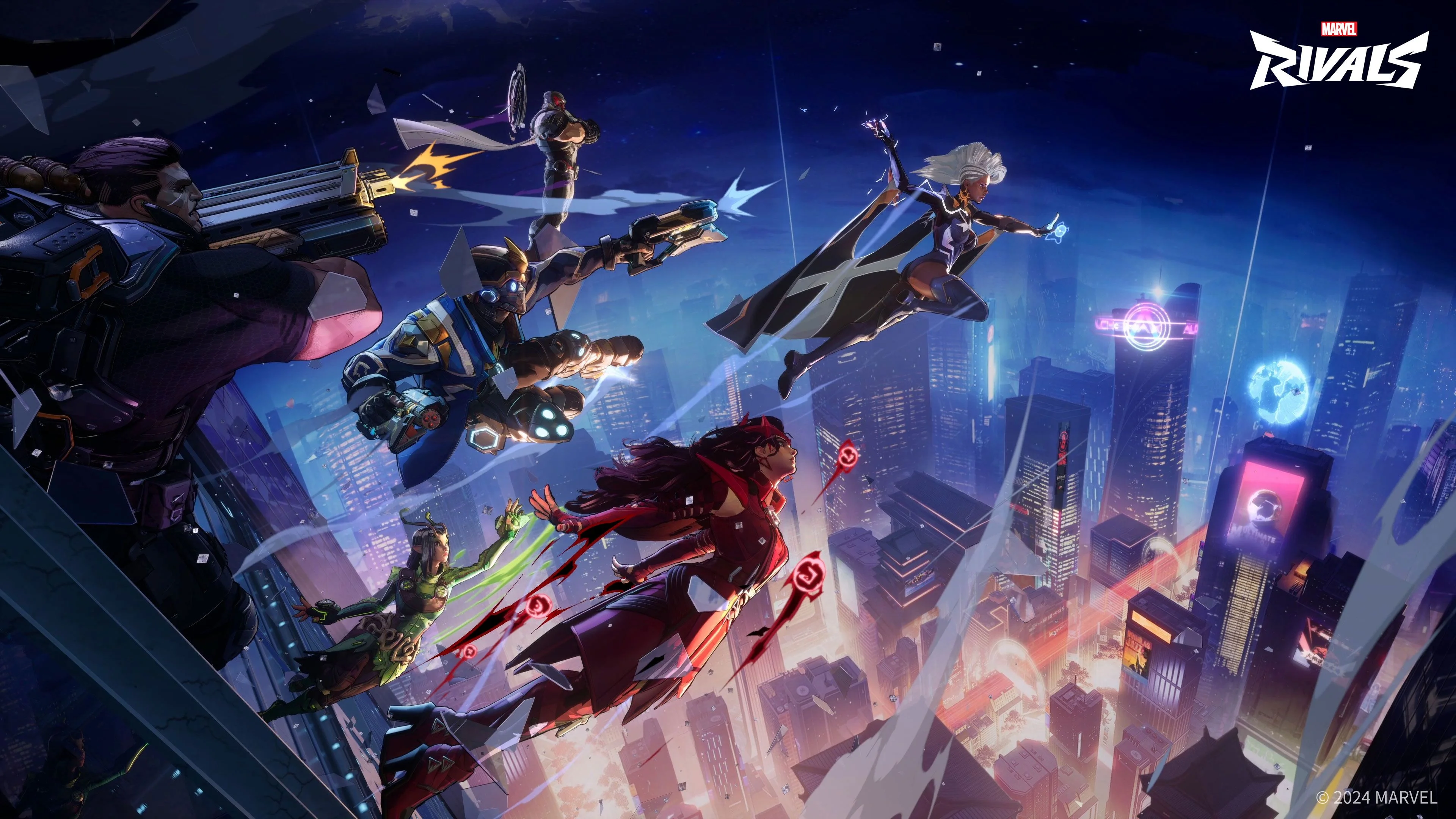 Marvel Rivals heroes fighting above a city street