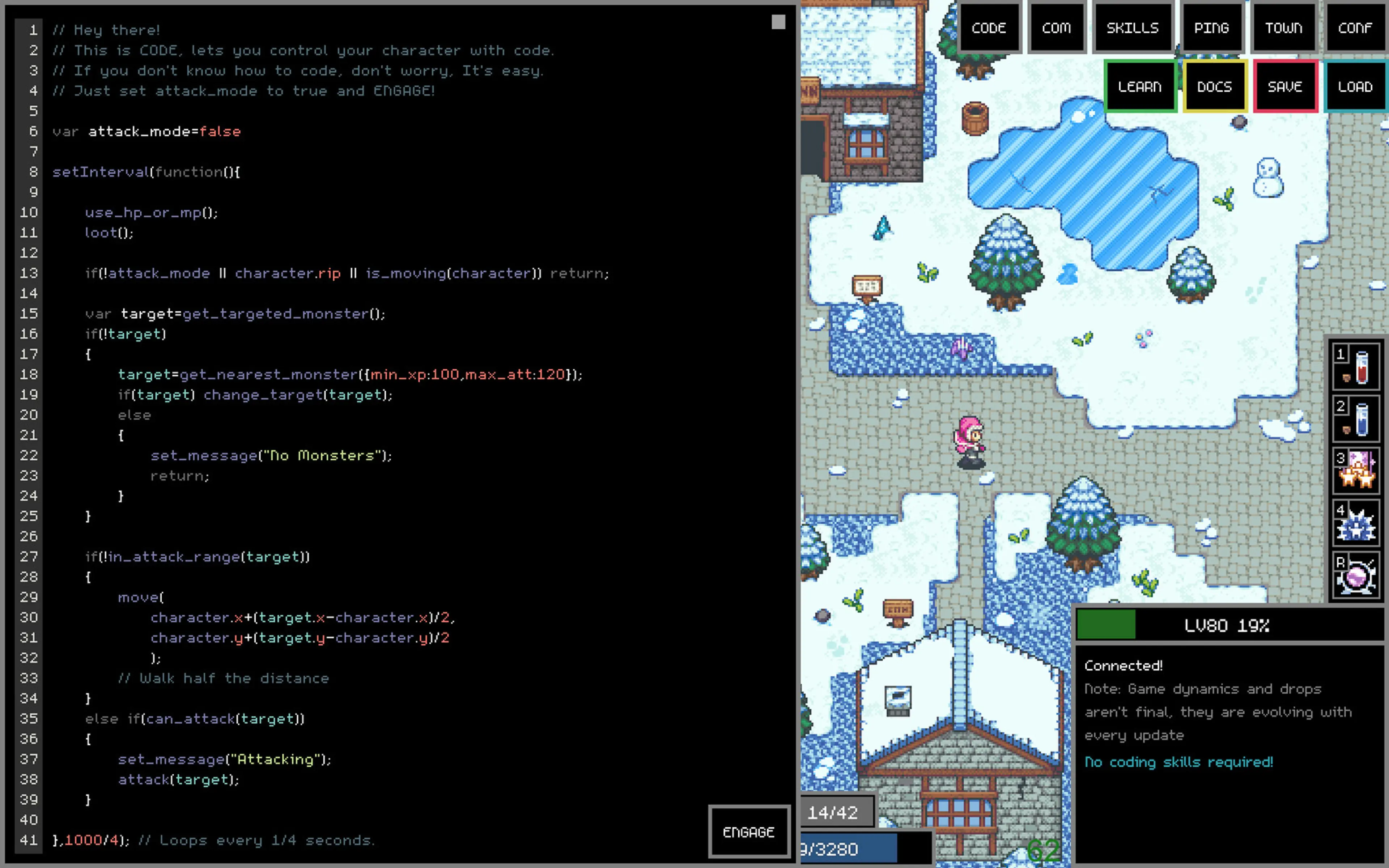 The JavaScript editor beside the Adventure Land game world.