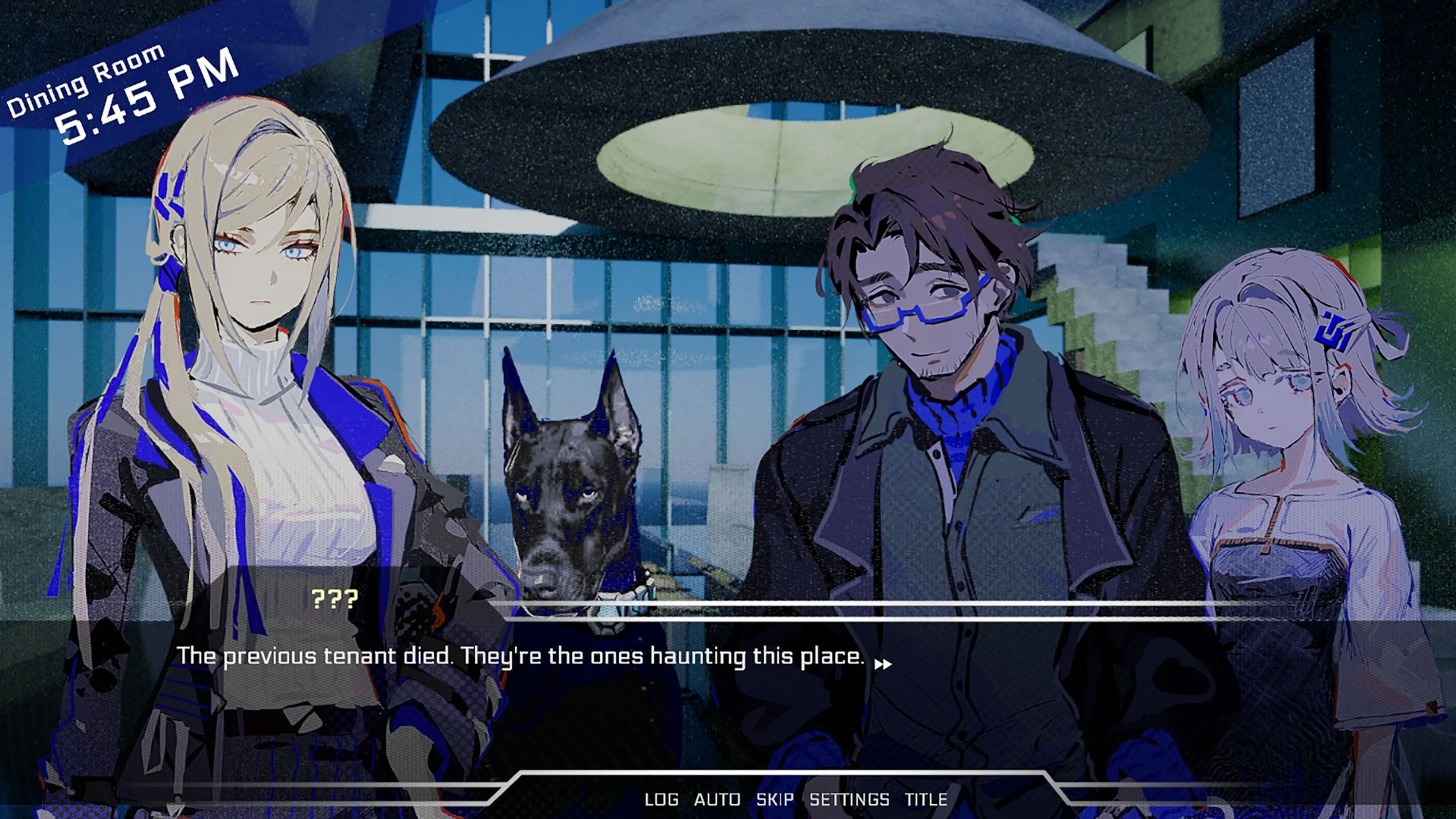 Four illustrated characters and a dog appear in a Faraday Blues conversation scene.