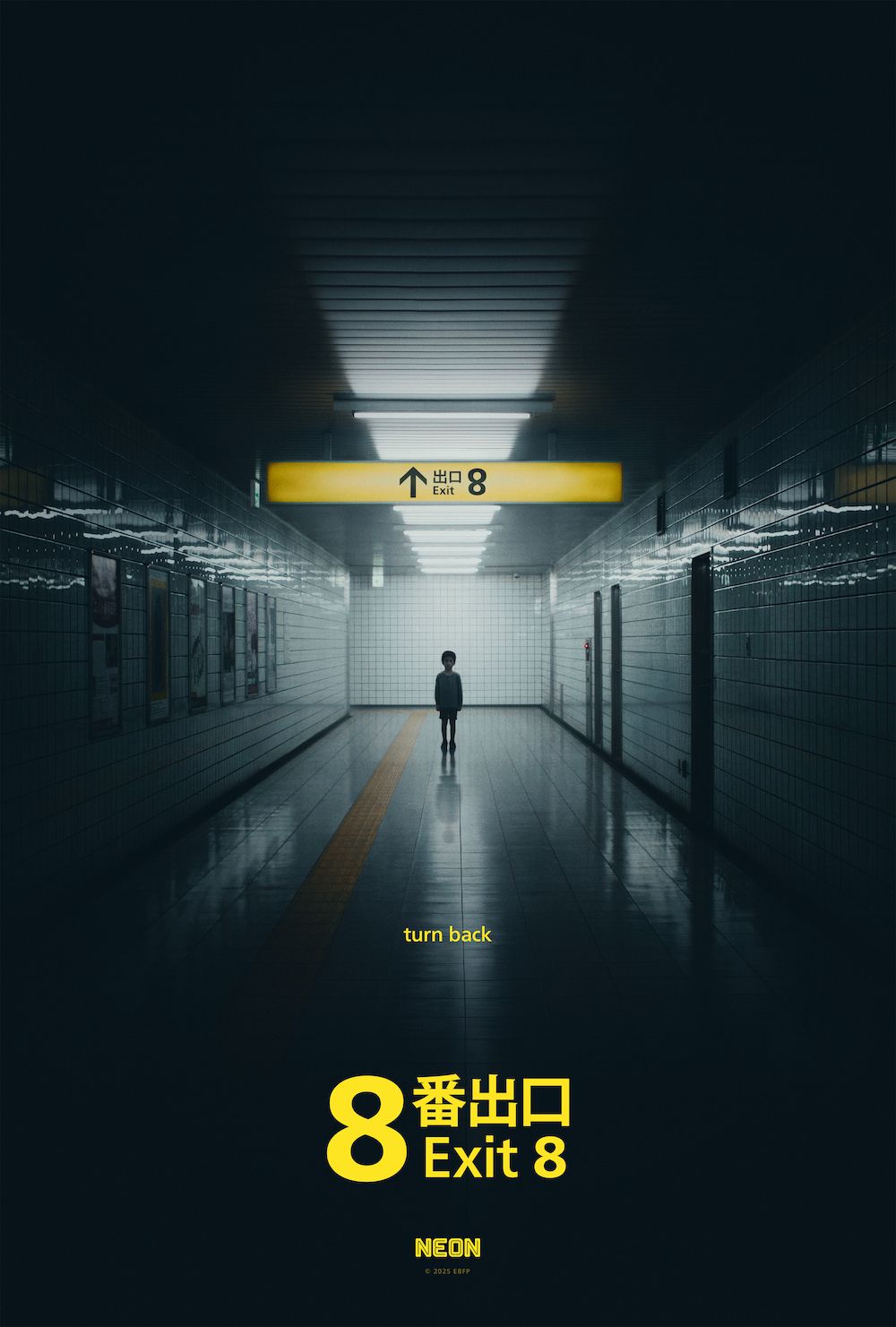 Official Exit 8 poster showing a boy in a dark corridor below a yellow exit sign.