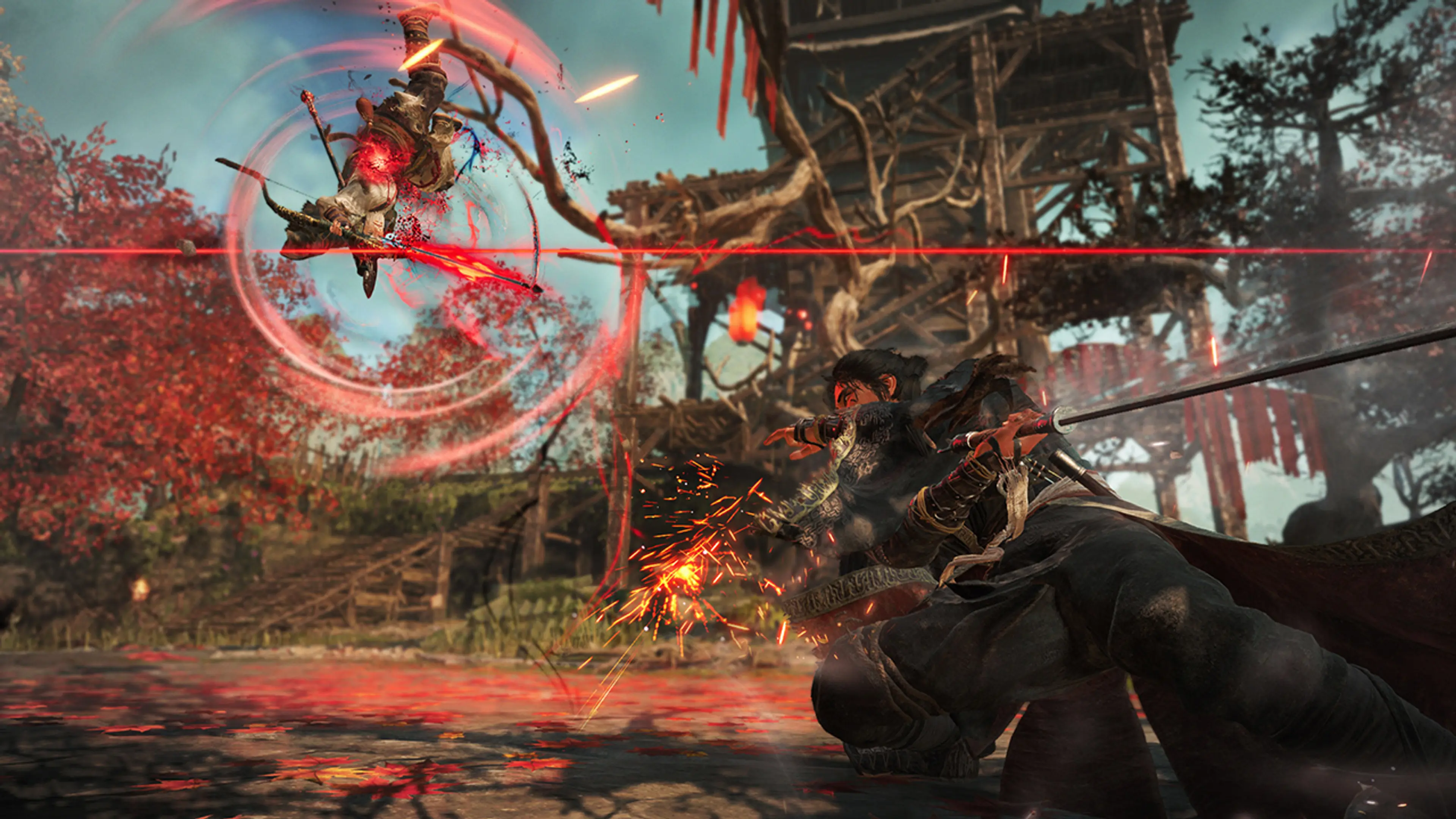 The Wo Long 2 protagonist counters a spear-wielding enemy during a martial arts battle.
