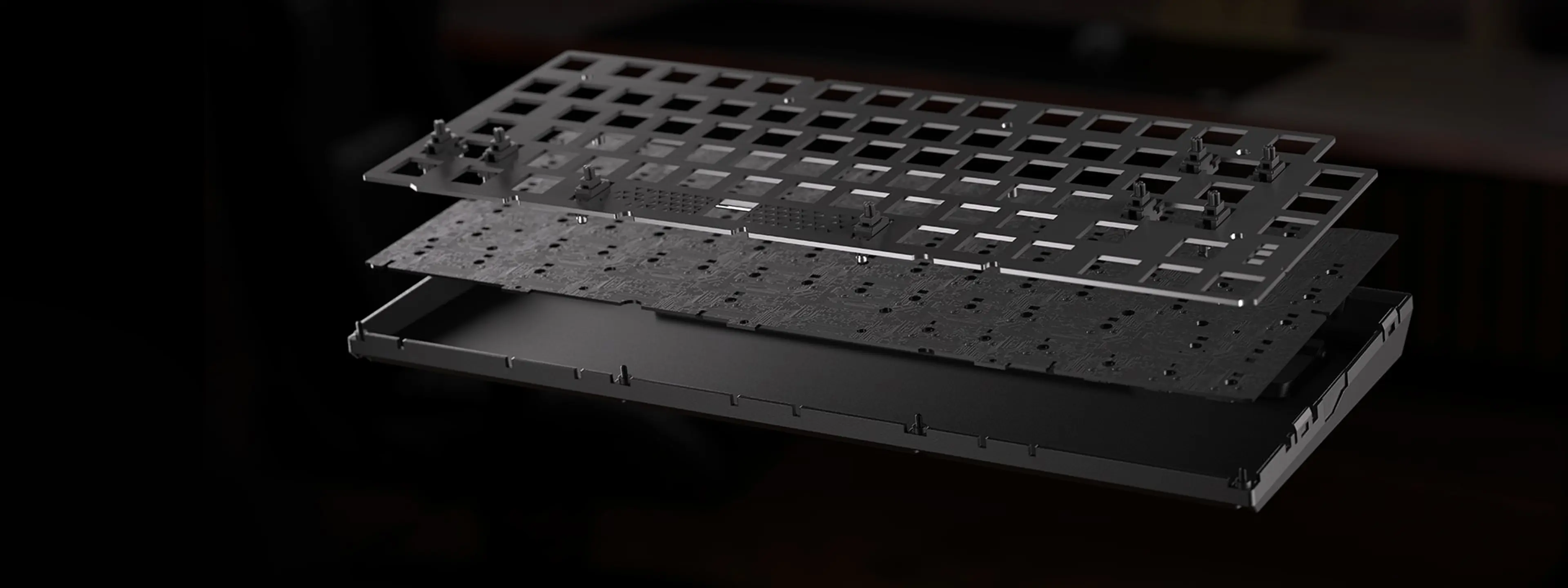Corsair illustration of the K65 Plus case and top-mount plate layers