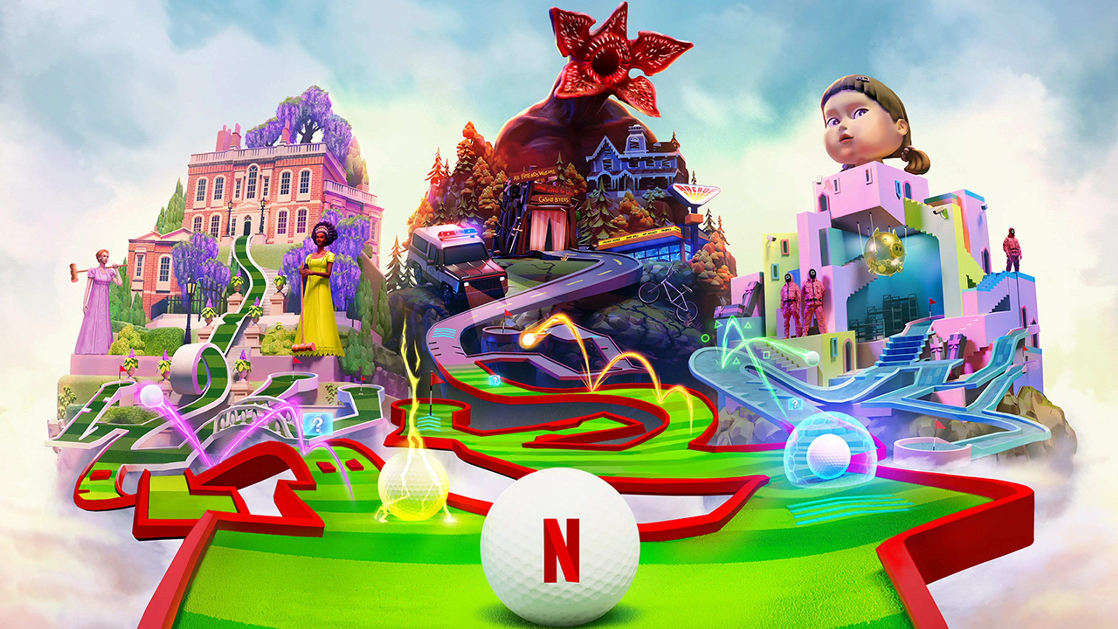 Netflix Minigolf key art shows themed worlds inspired by Stranger Things, Squid Game, and Bridgerton.