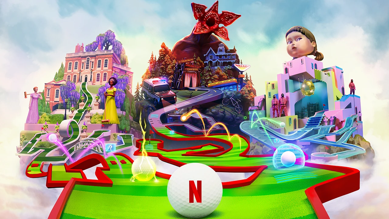 Netflix Minigolf key art shows themed worlds inspired by Stranger Things, Squid Game, and Bridgerton.