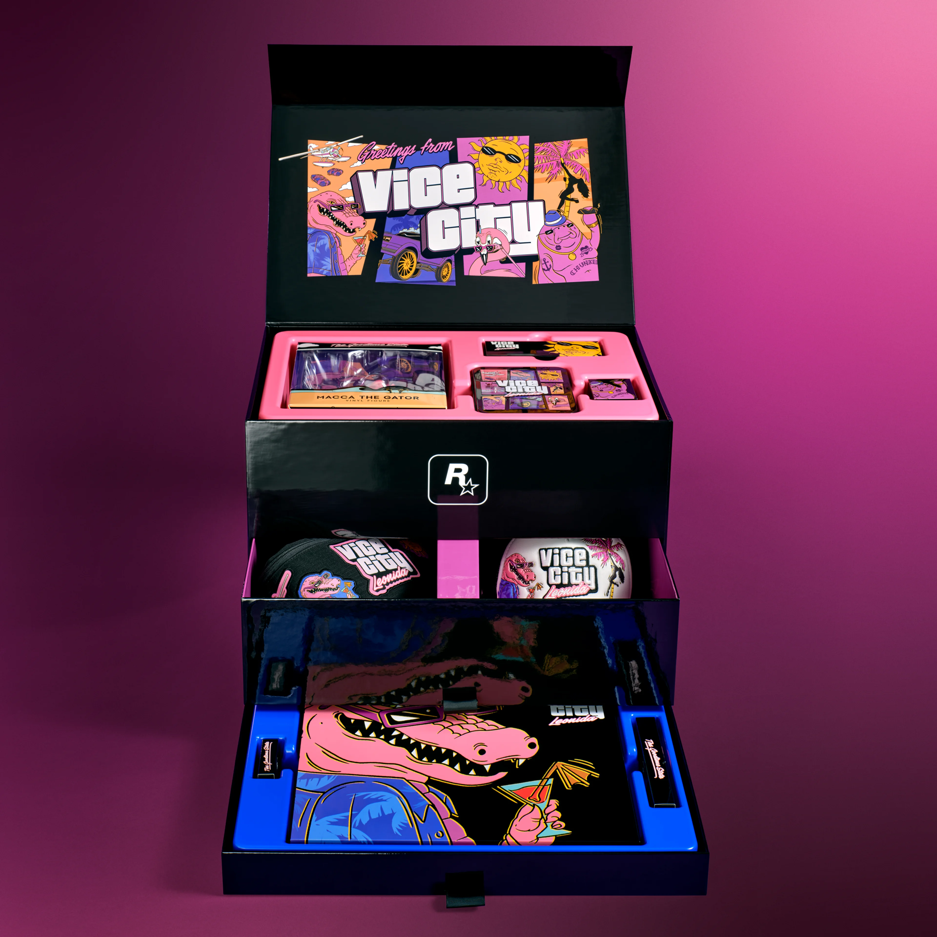 The open GTA VI Goodtime State Vice City Collection box displays its three drawers and included merchandise.