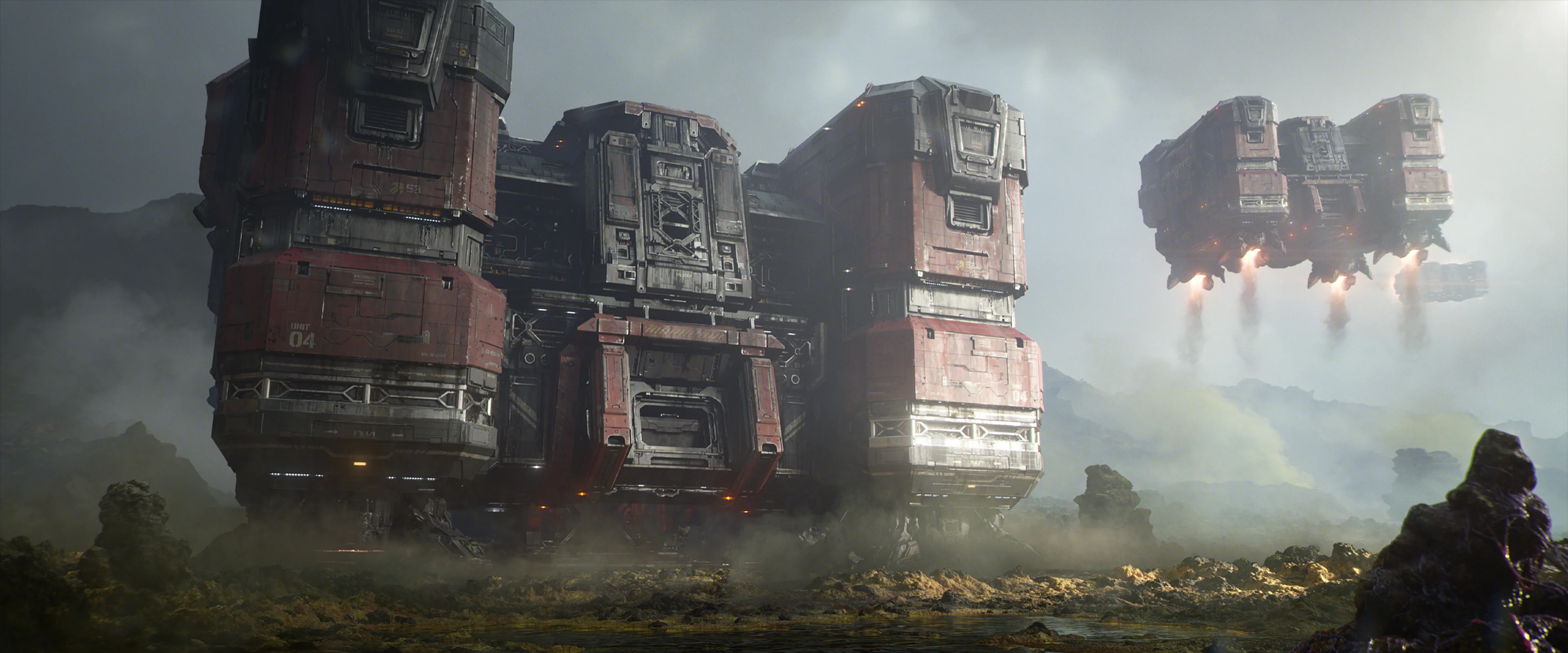 A Dominion soldier watches military structures deploy across an alien landscape in the new StarCraft cinematic.