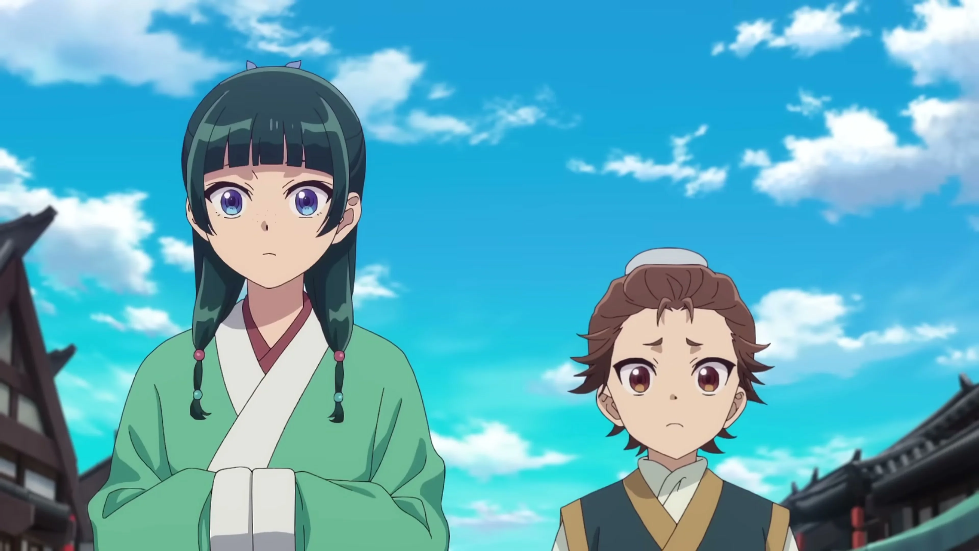 Maomao and a young companion stand beneath a blue sky in The Apothecary Diaries Season 3.