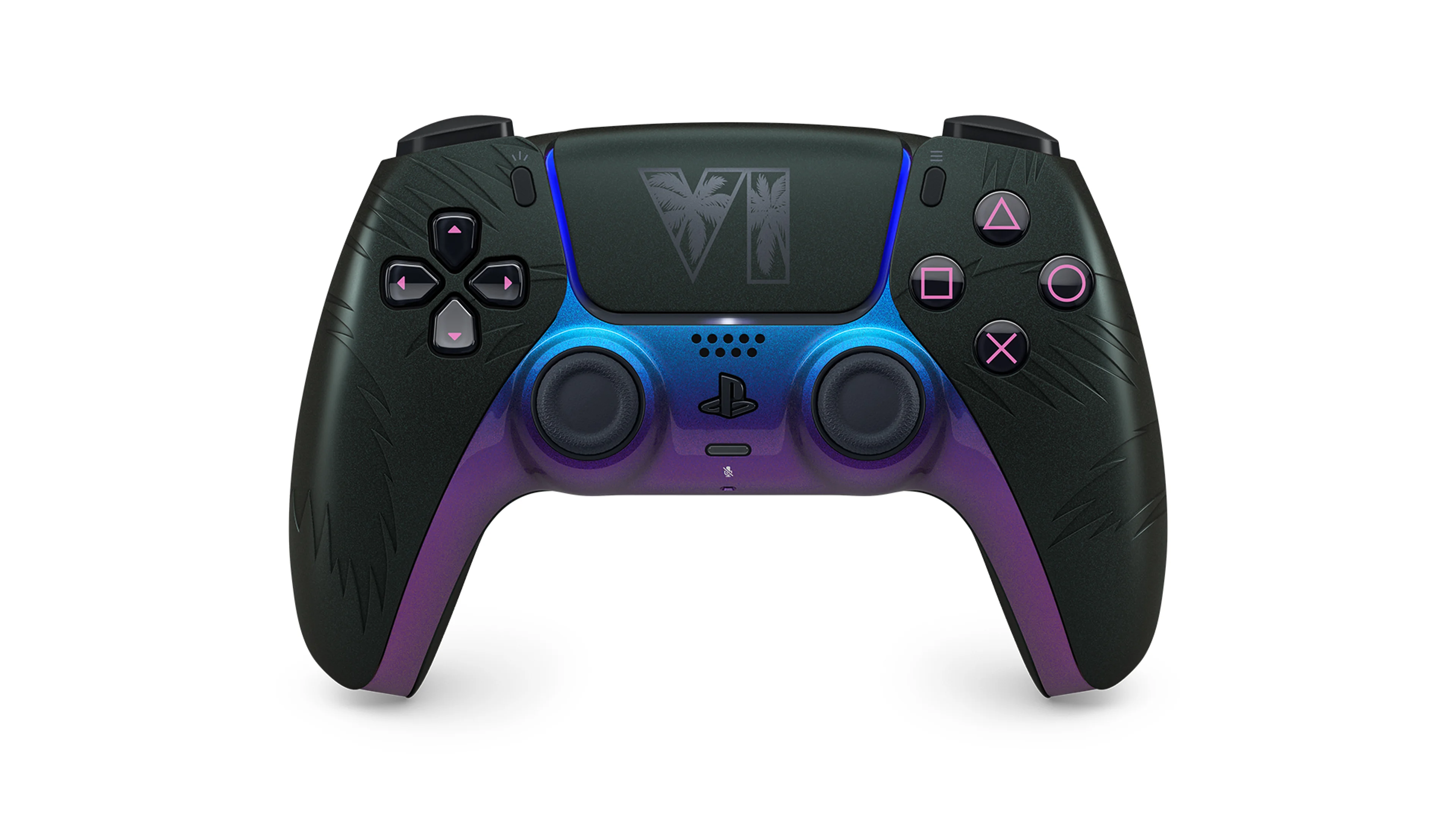 Front view of the black GTA 6 DualSense controller showing its molded palm details.