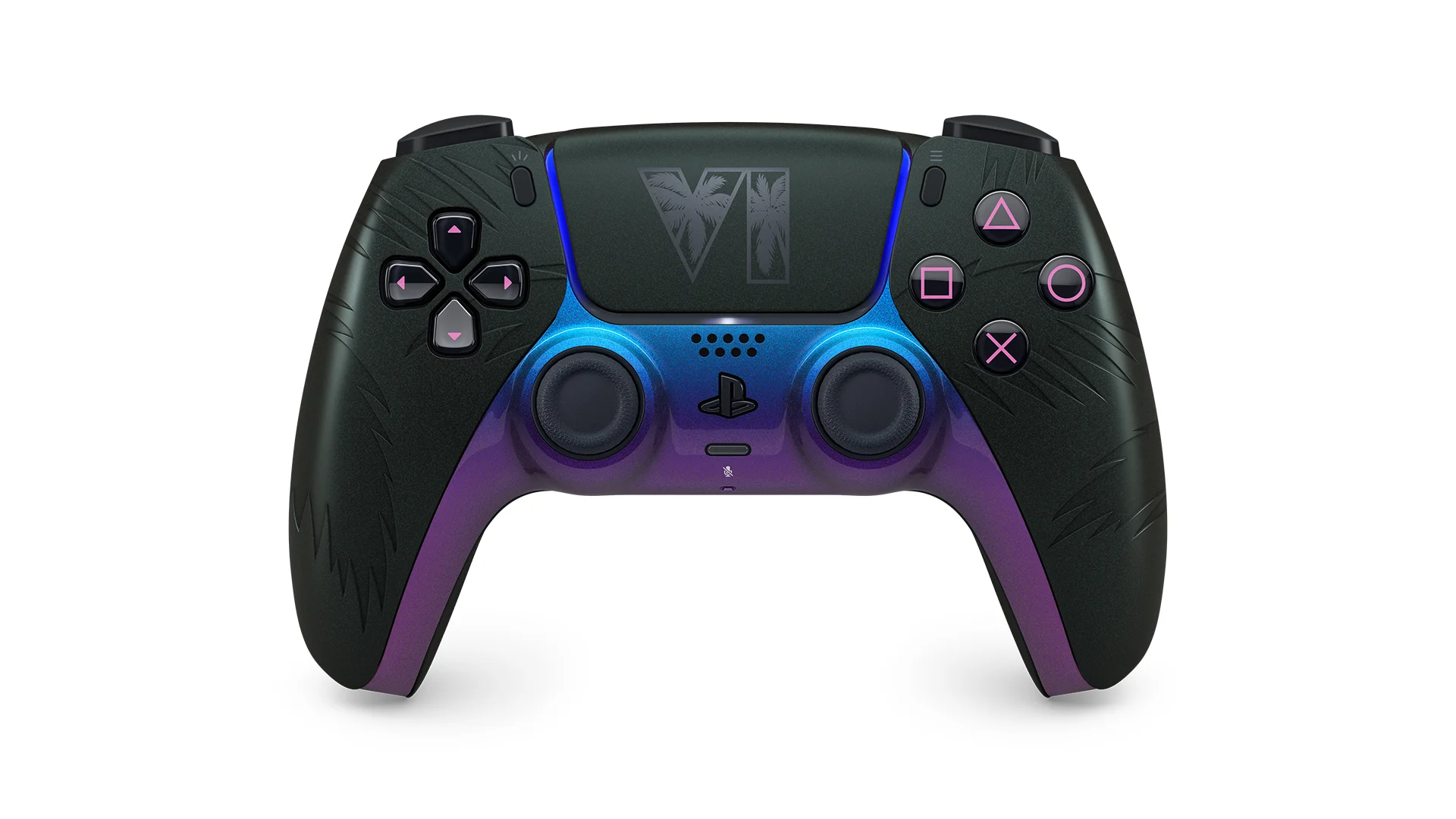 Front view of the black GTA 6 DualSense controller showing its molded palm details.