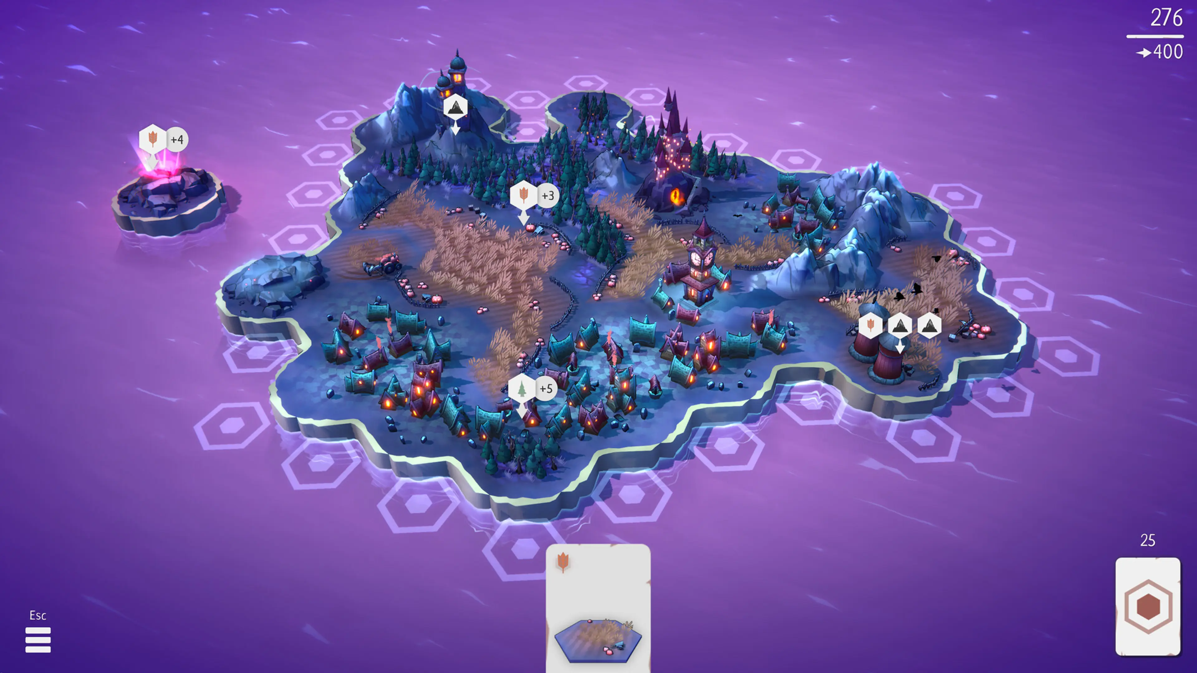 Fangtopia displays open hex spaces, objective markers, a score and the remaining tile stack around an island.
