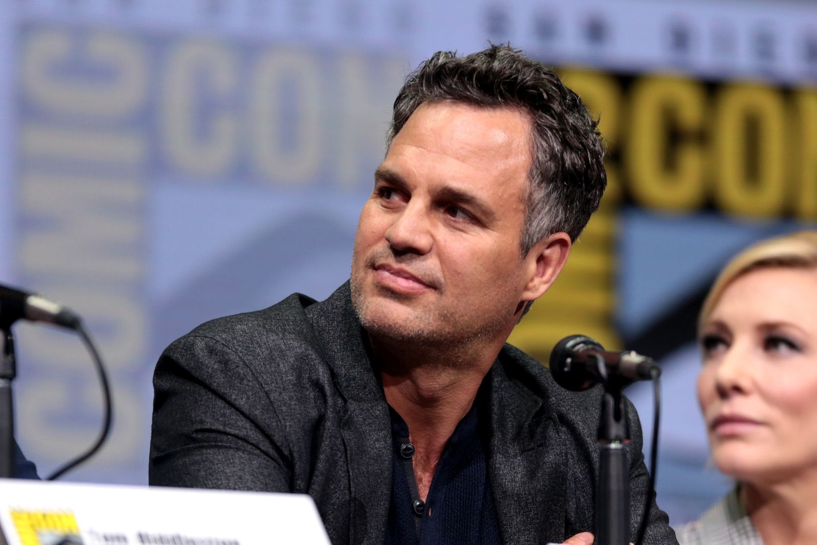 Mark Ruffalo sits behind a microphone during a San Diego Comic-Con panel in 2017.