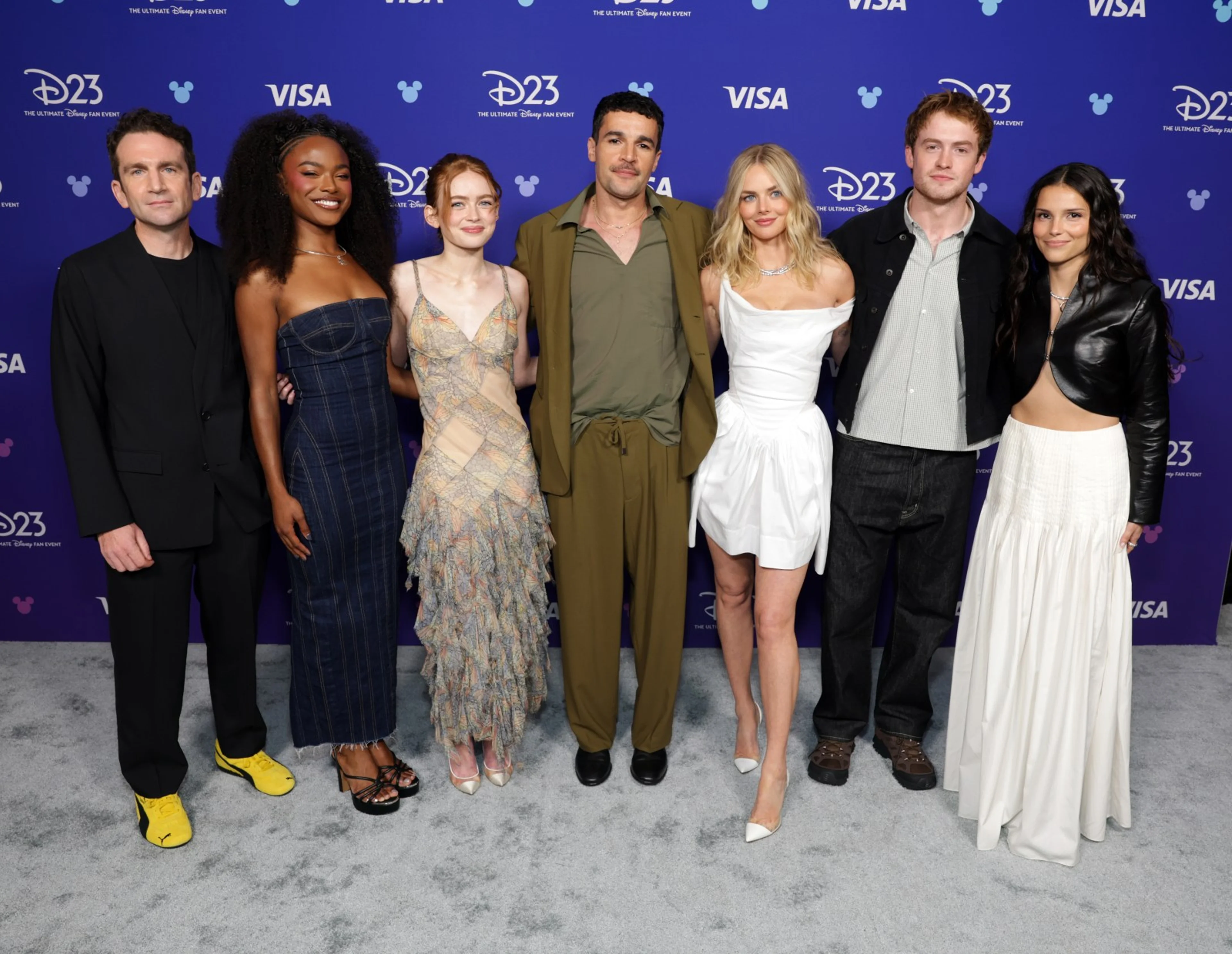 Director Jake Schreier stands with Maya Boyd, Sadie Sink, Christopher Abbott, Samara Weaving, Kit Connor, and Inde Navarrette at D23 2026.
