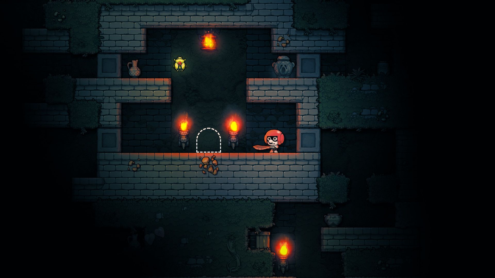 A small explorer stands in a dark cave lit by wall torches.