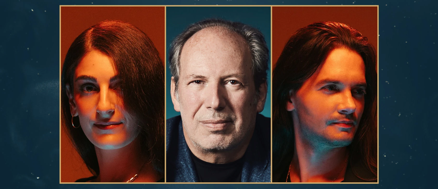 Kara Talve, Hans Zimmer, and Anže Rozman shown in a three-panel portrait for HBO’s Harry Potter composer announcement.