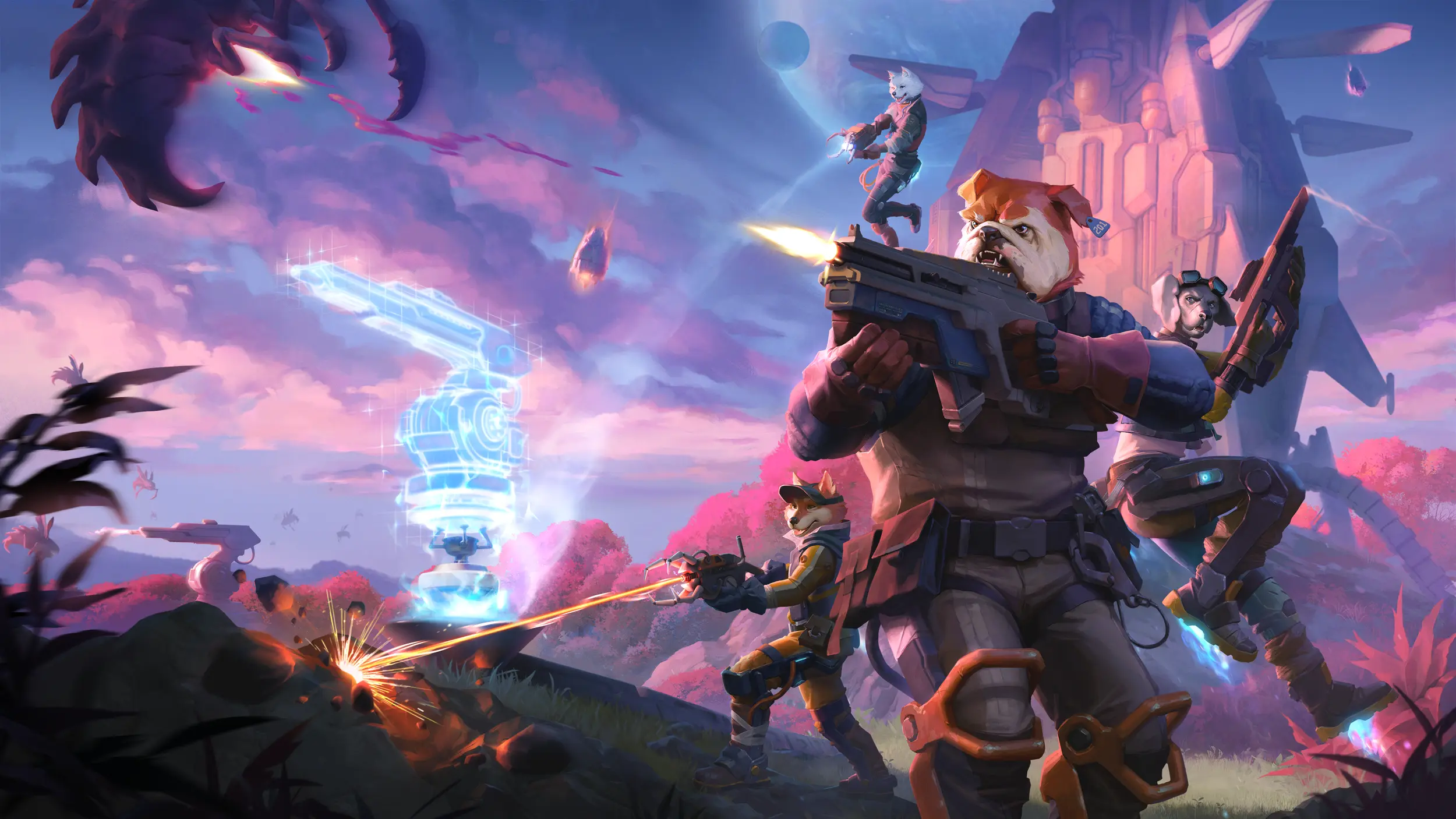 Four armed Gravhounds defend a turret from alien creatures on a pink forest planet.