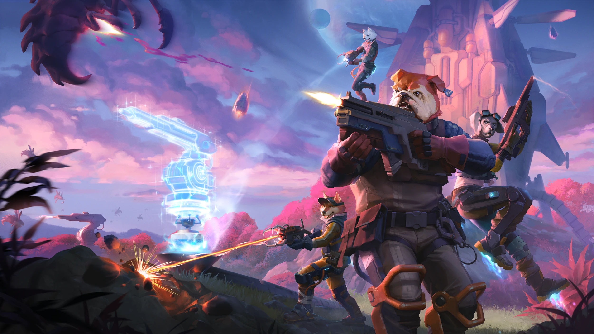 Four armed Gravhounds defend a turret from alien creatures on a pink forest planet.