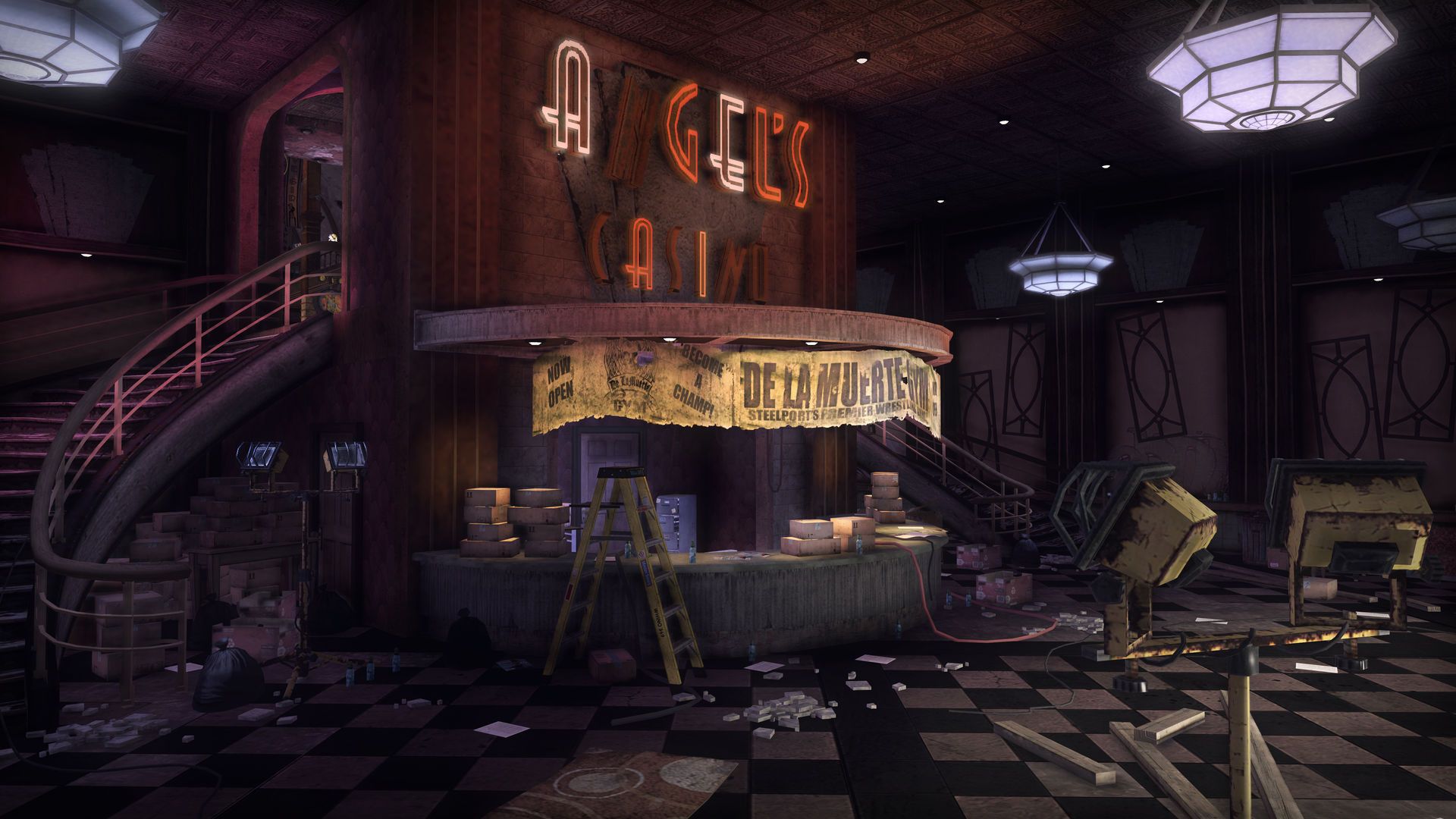The interior of Angel’s gym in Steelport, with stairs, boxes and wrestling posters.