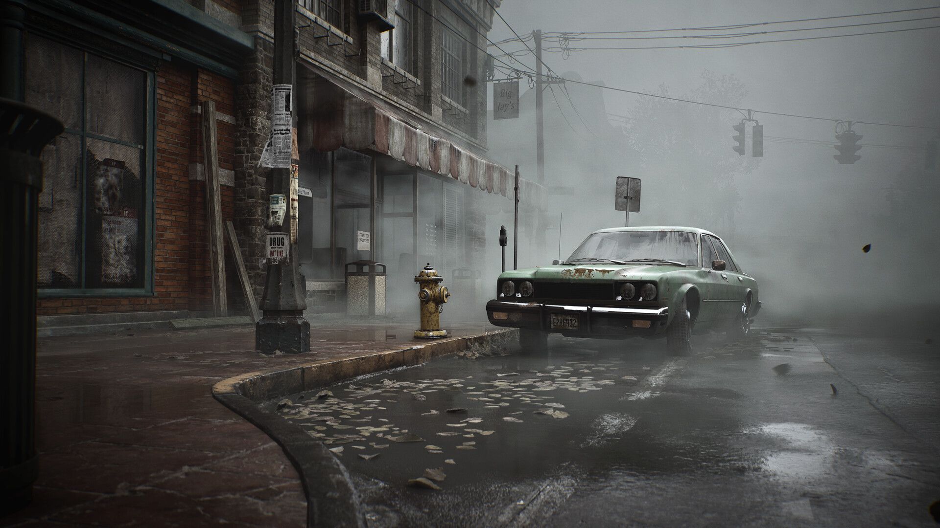 James walks along an abandoned street with a car in the fog.