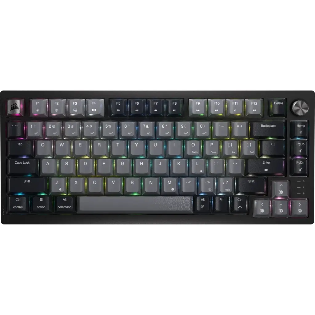 Corsair K65 Plus Wireless Black/Gray US keyboard and USB receiver on a white background
