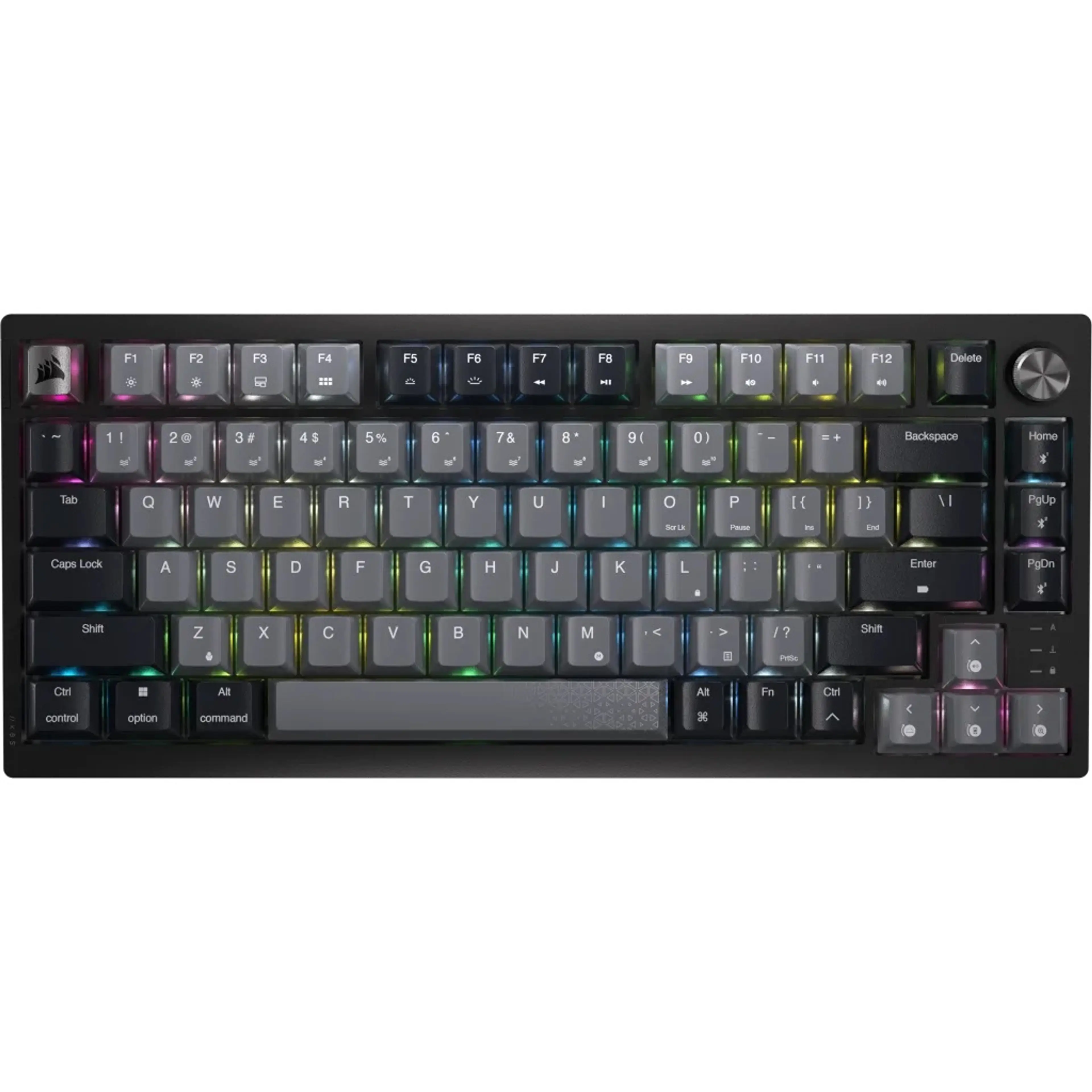 Corsair K65 Plus Wireless Black/Gray US keyboard and USB receiver on a white background
