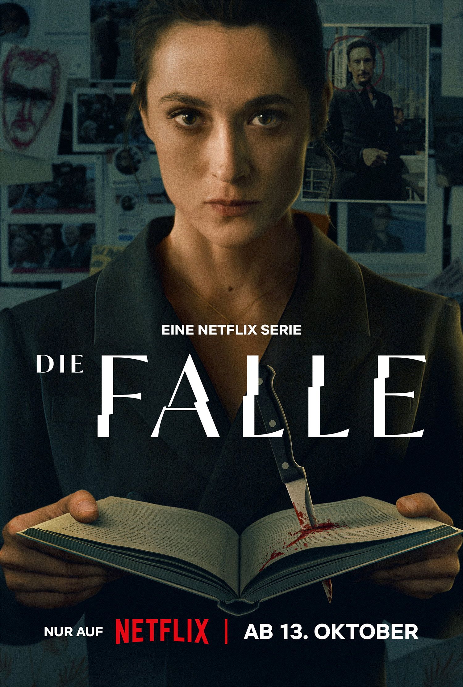 Official Die Falle poster with Lisa Konrad holding an open book, a knife in its pages, and the German series title.