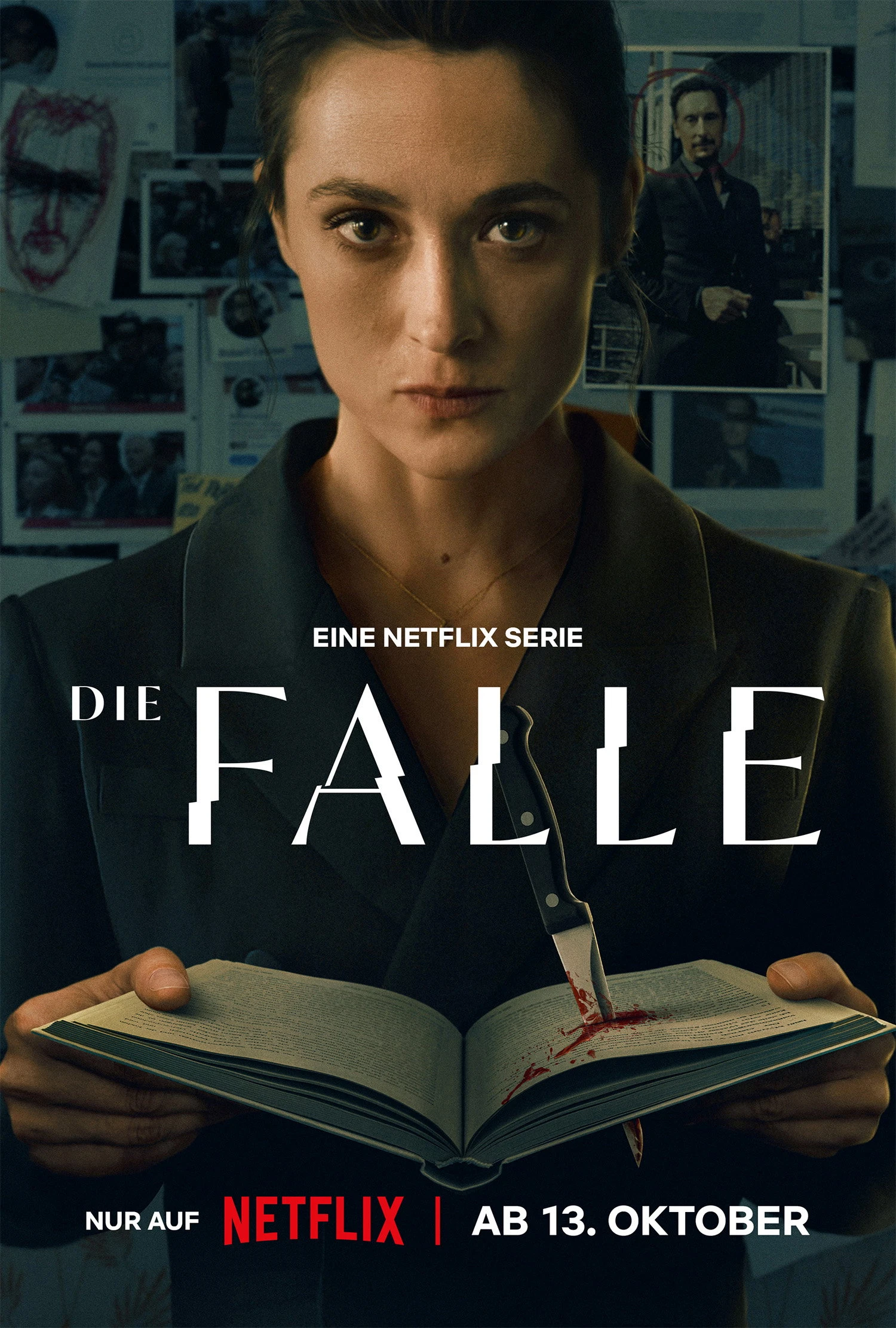 Official Die Falle poster with Lisa Konrad holding an open book, a knife in its pages, and the German series title.