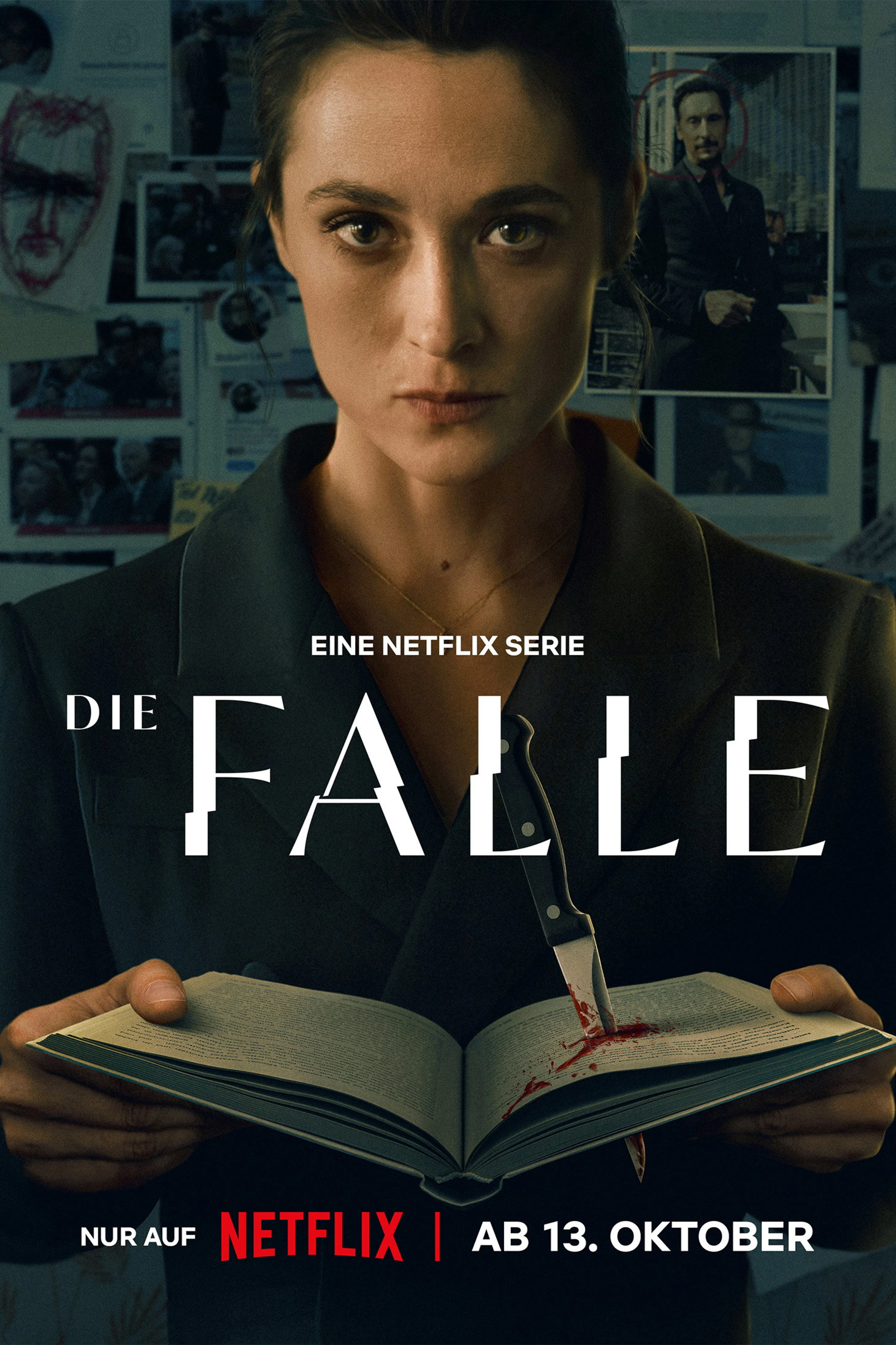 Official Die Falle poster with Lisa Konrad holding an open book, a knife in its pages, and the German series title.