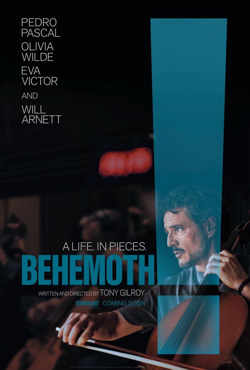 Official Behemoth! poster featuring Pedro Pascal with a cello and a large teal exclamation mark.