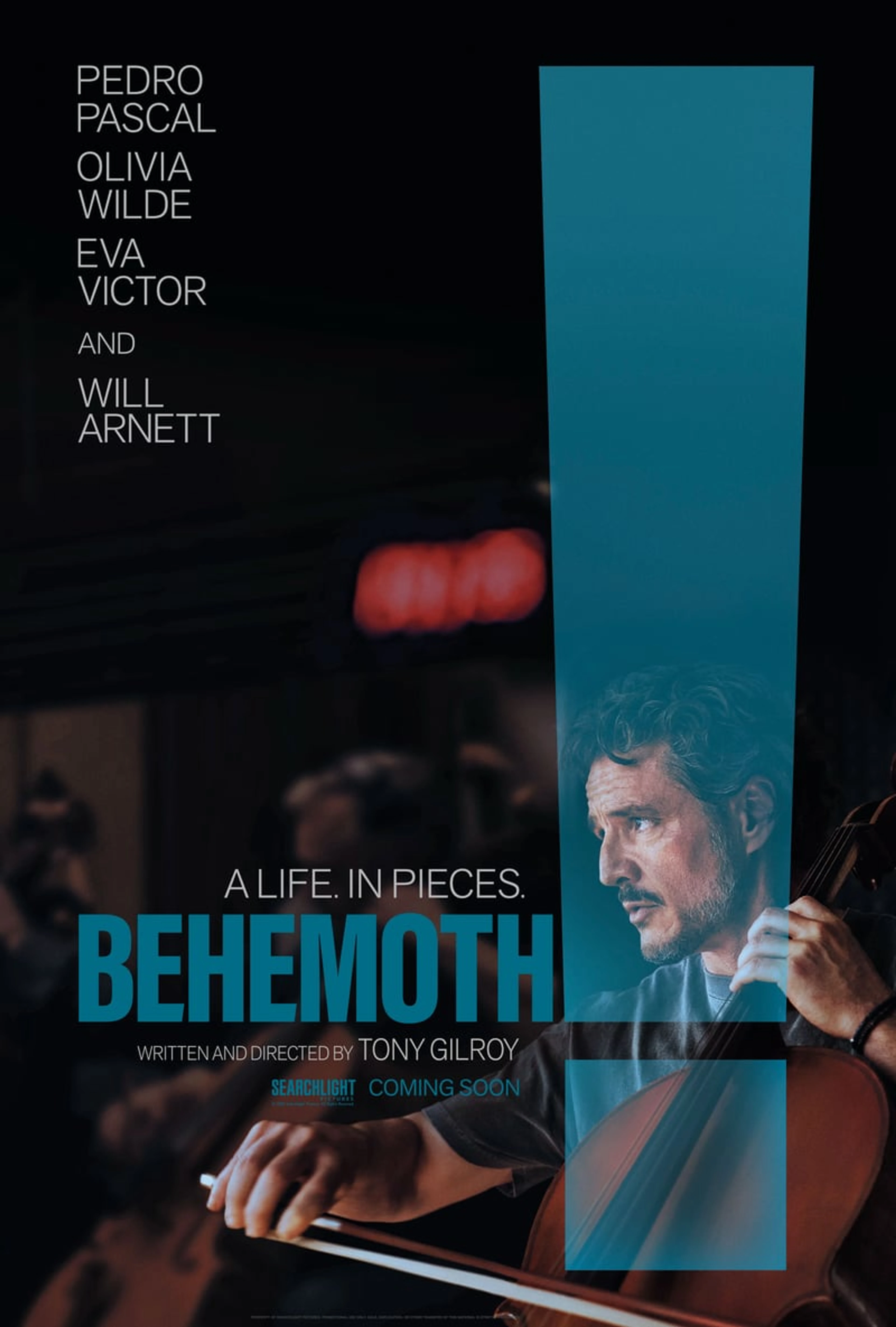 Official Behemoth! poster featuring Pedro Pascal with a cello and a large teal exclamation mark.