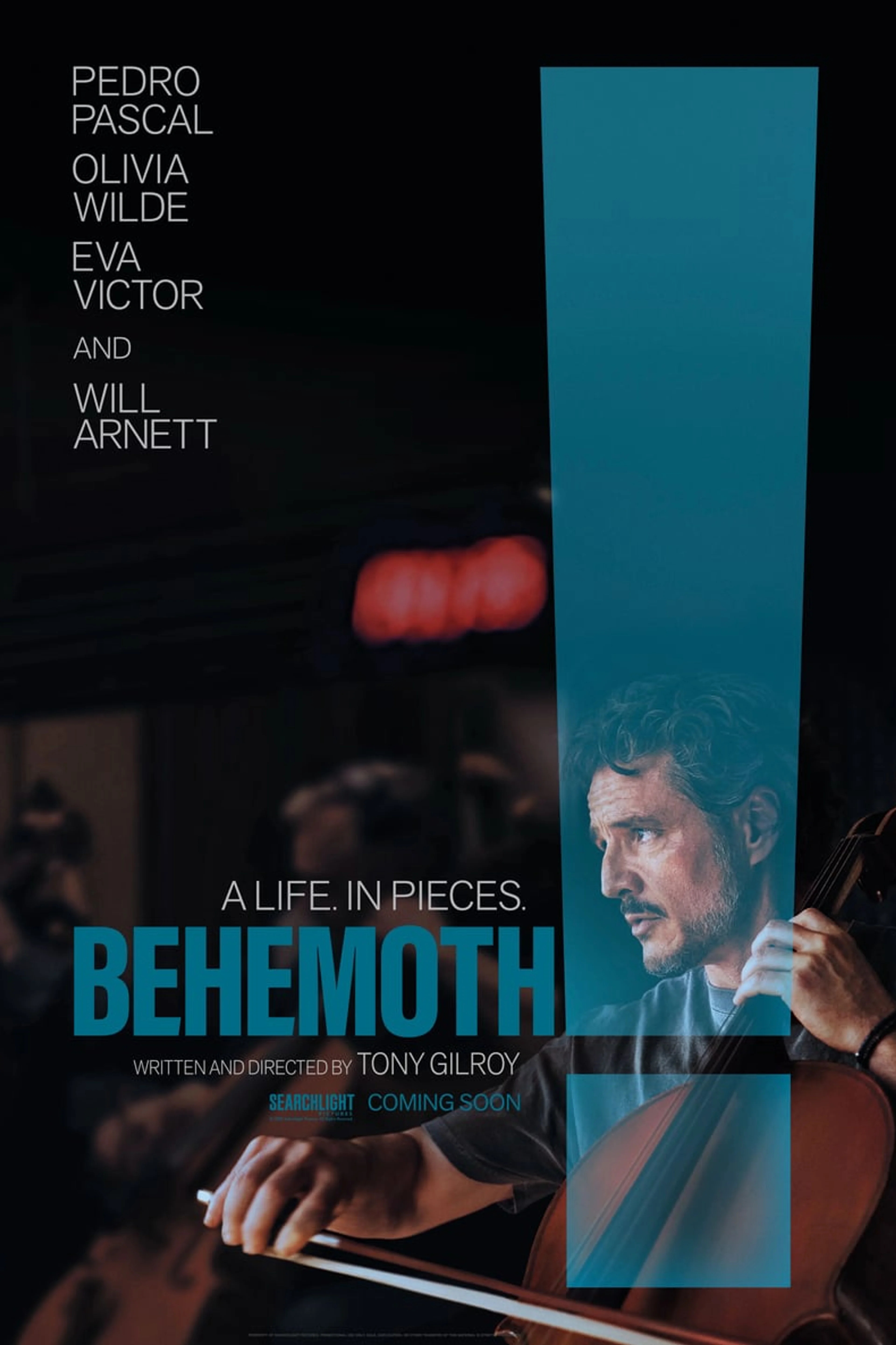 Official Behemoth! poster featuring Pedro Pascal with a cello and a large teal exclamation mark.
