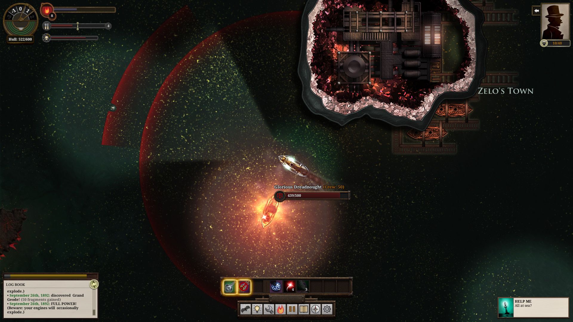 A ship faces a larger vessel near Zelo’s Town, with combat arcs and ability buttons visible.