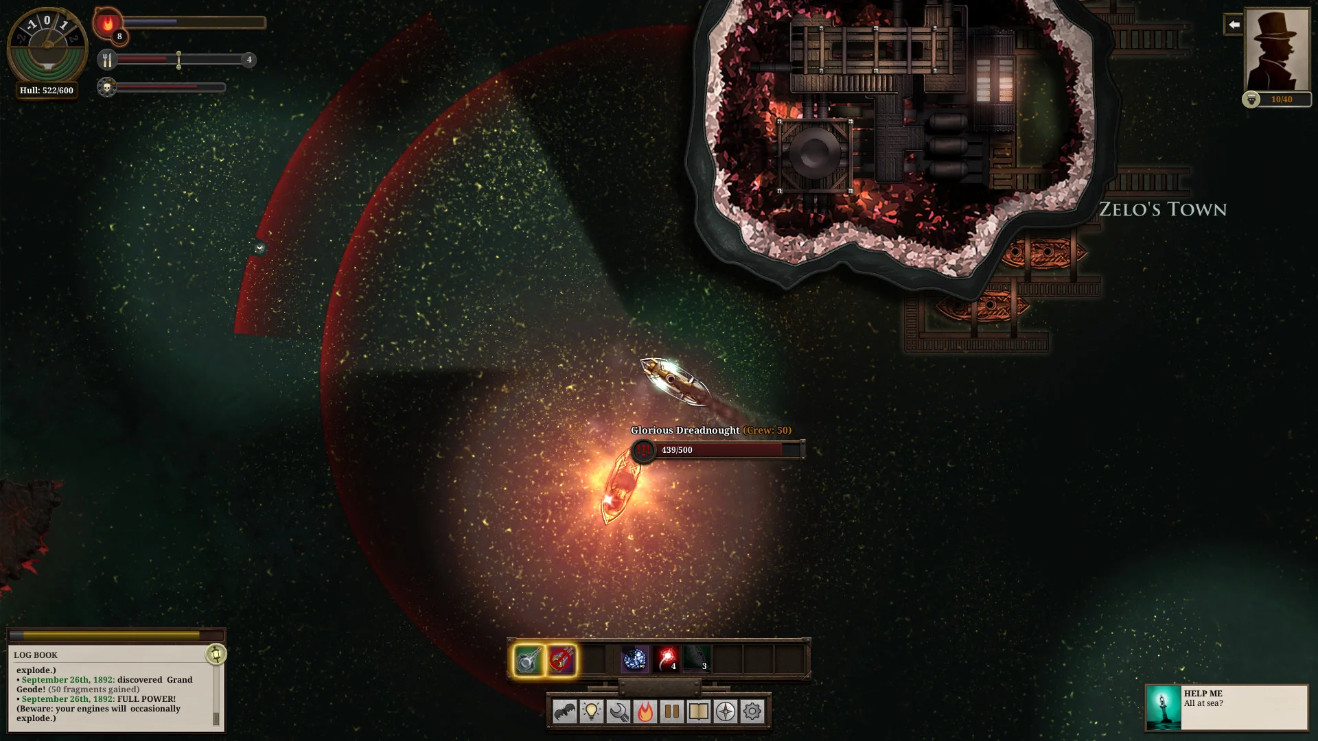 Official Sunless Sea gameplay screenshot with the player ship in a hostile sea encounter and curved targeting arcs visible in the water.