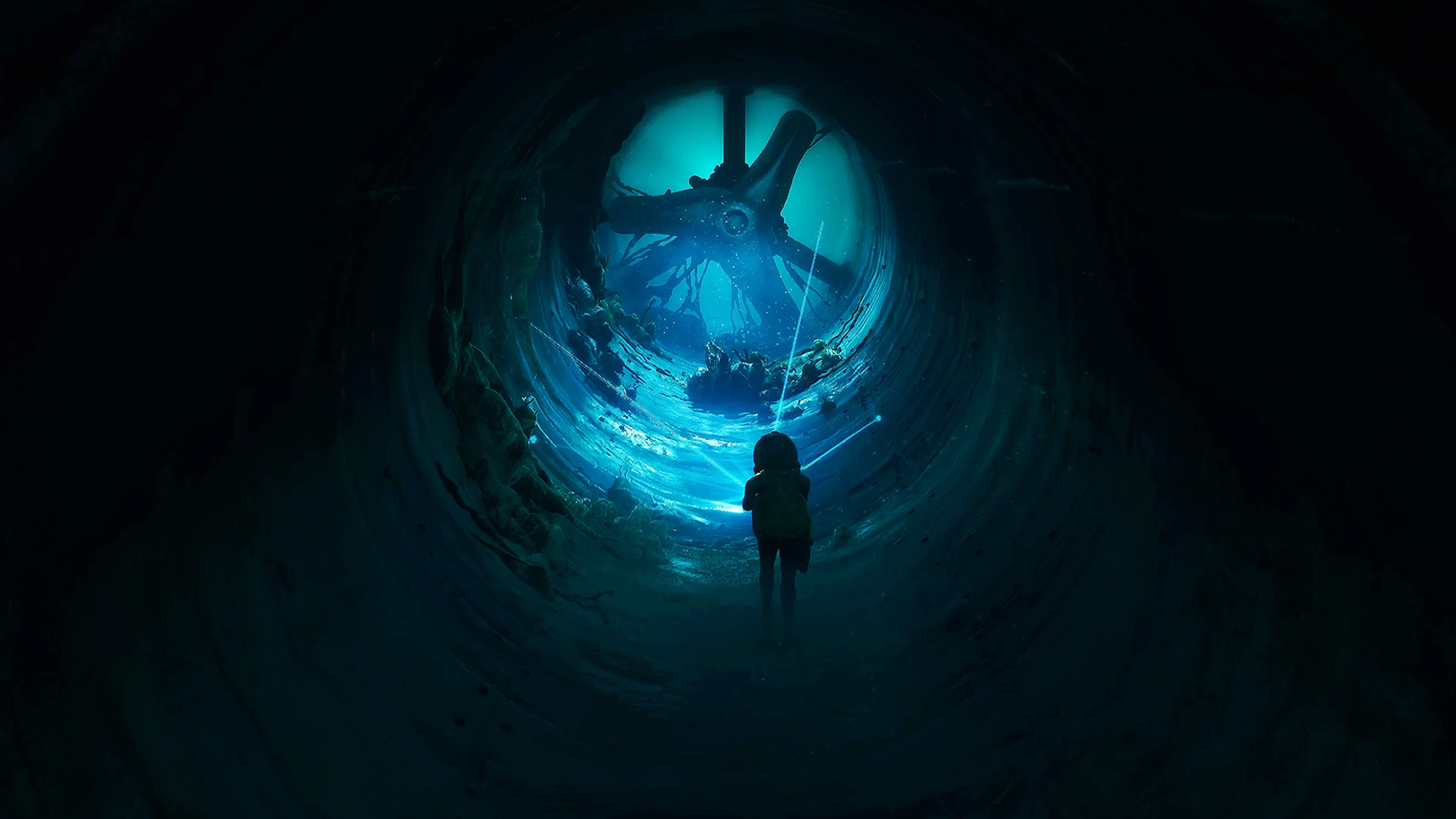 Cel enters a circular tunnel beneath blue light in End of Abyss.