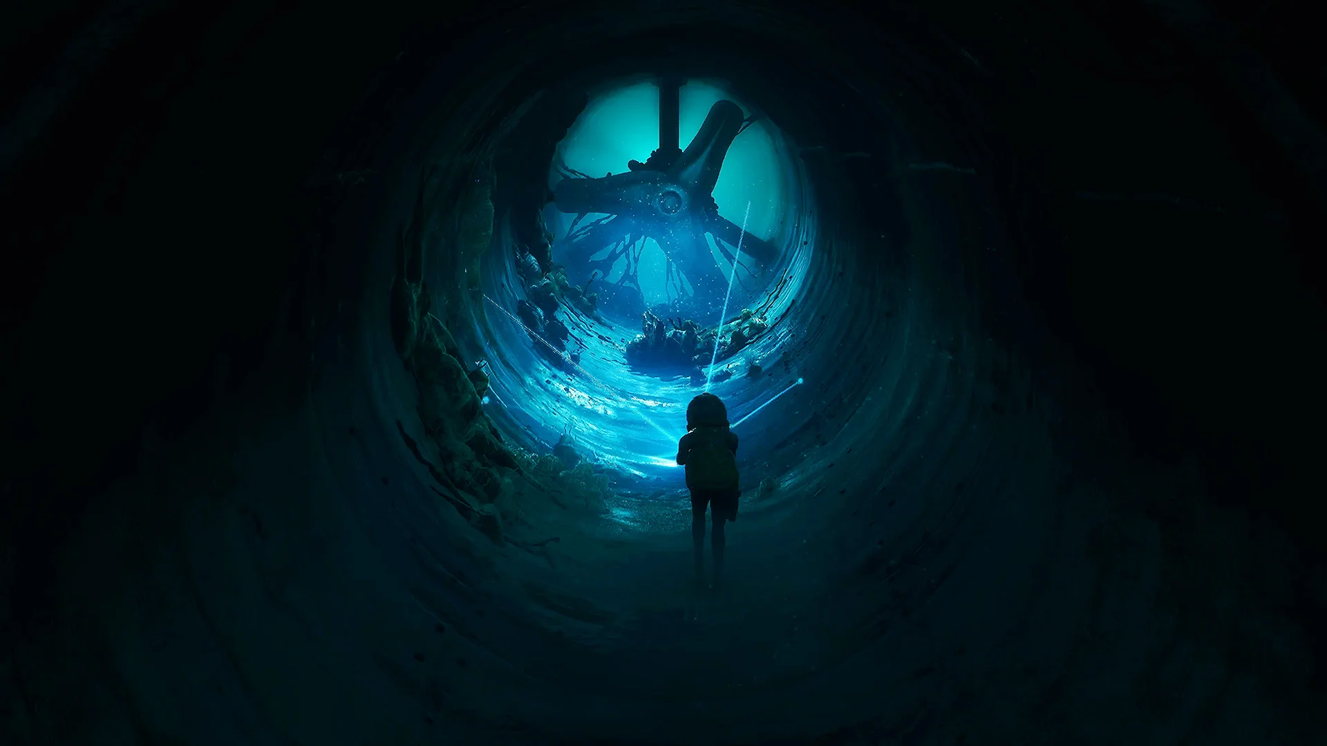 Cel stands in a circular tunnel beneath a glowing blue light.