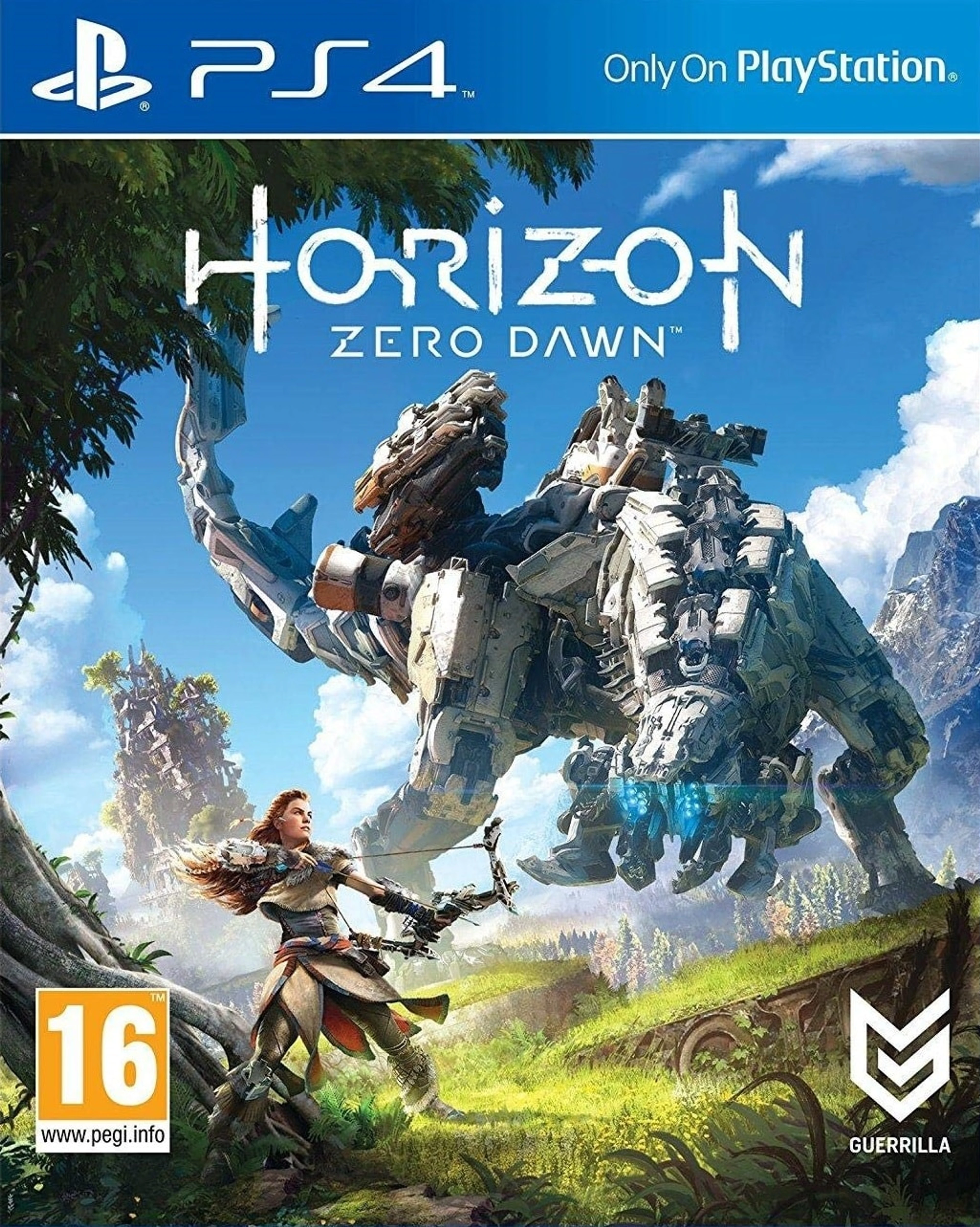 Original official Horizon Zero Dawn PlayStation 4 cover with Aloy facing a giant machine beneath the native title.