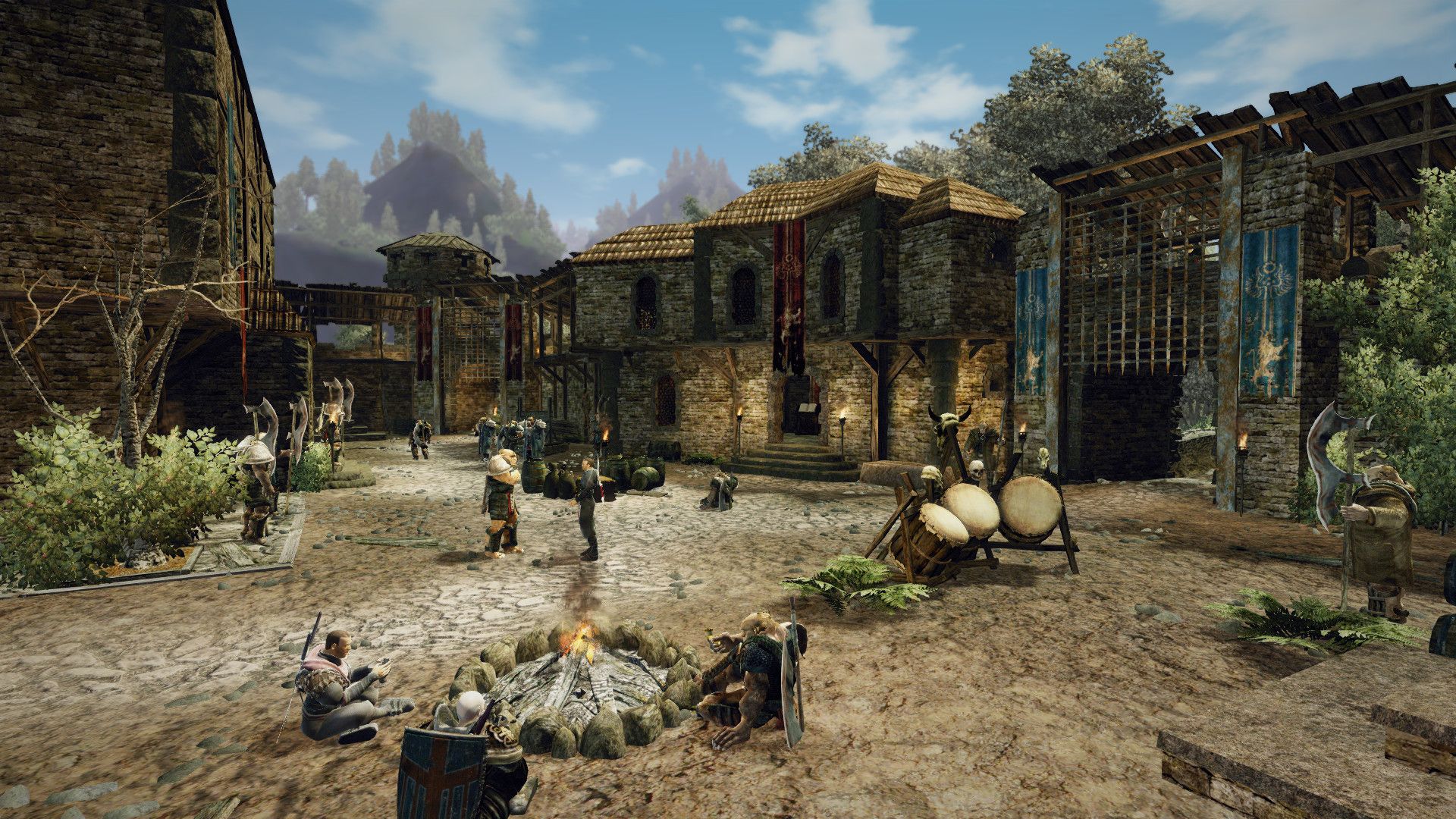 Armored characters gather around a campfire in a fortified courtyard.