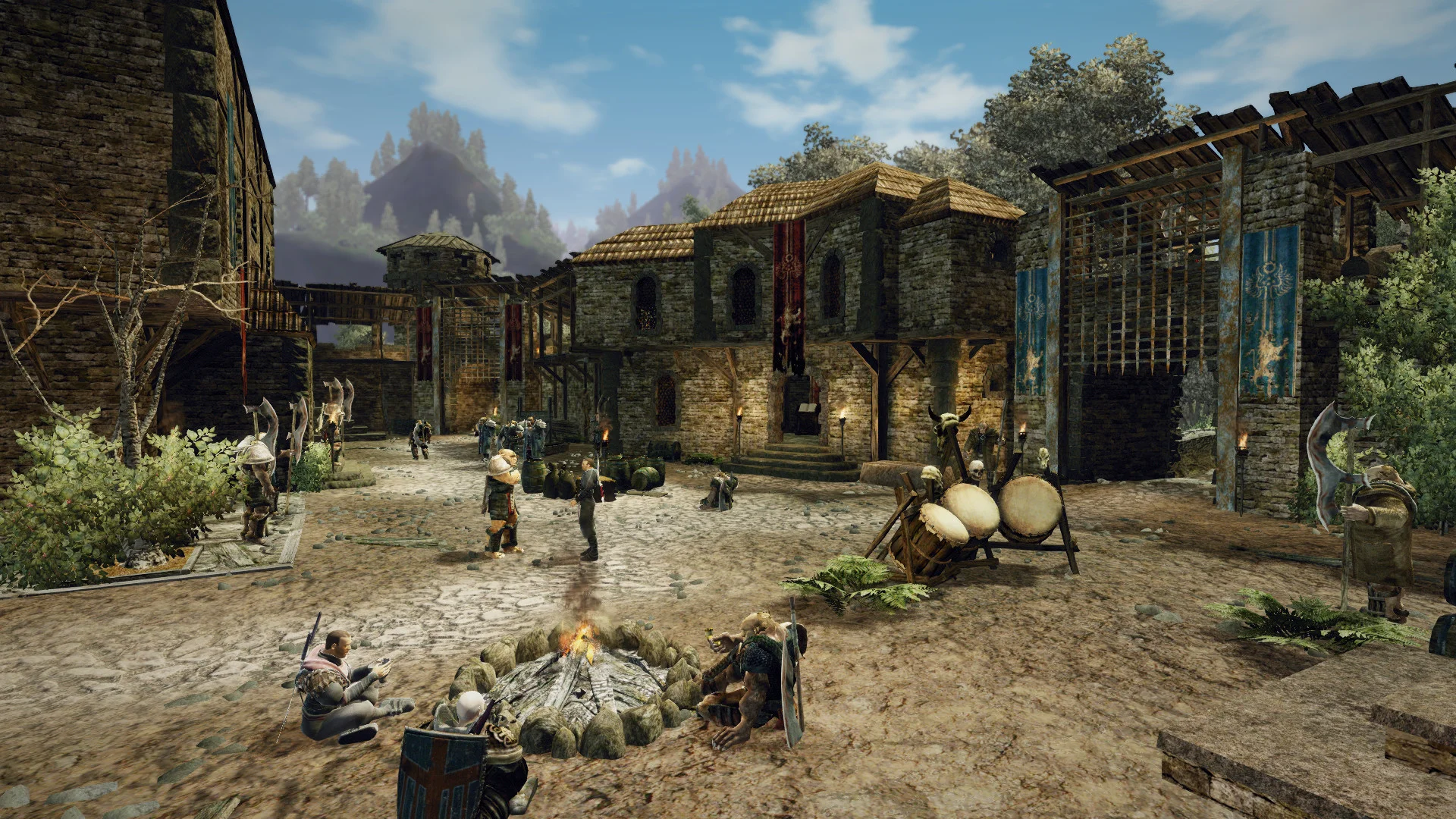 Armored characters gather around a campfire in a Gothic 3 Classic settlement.