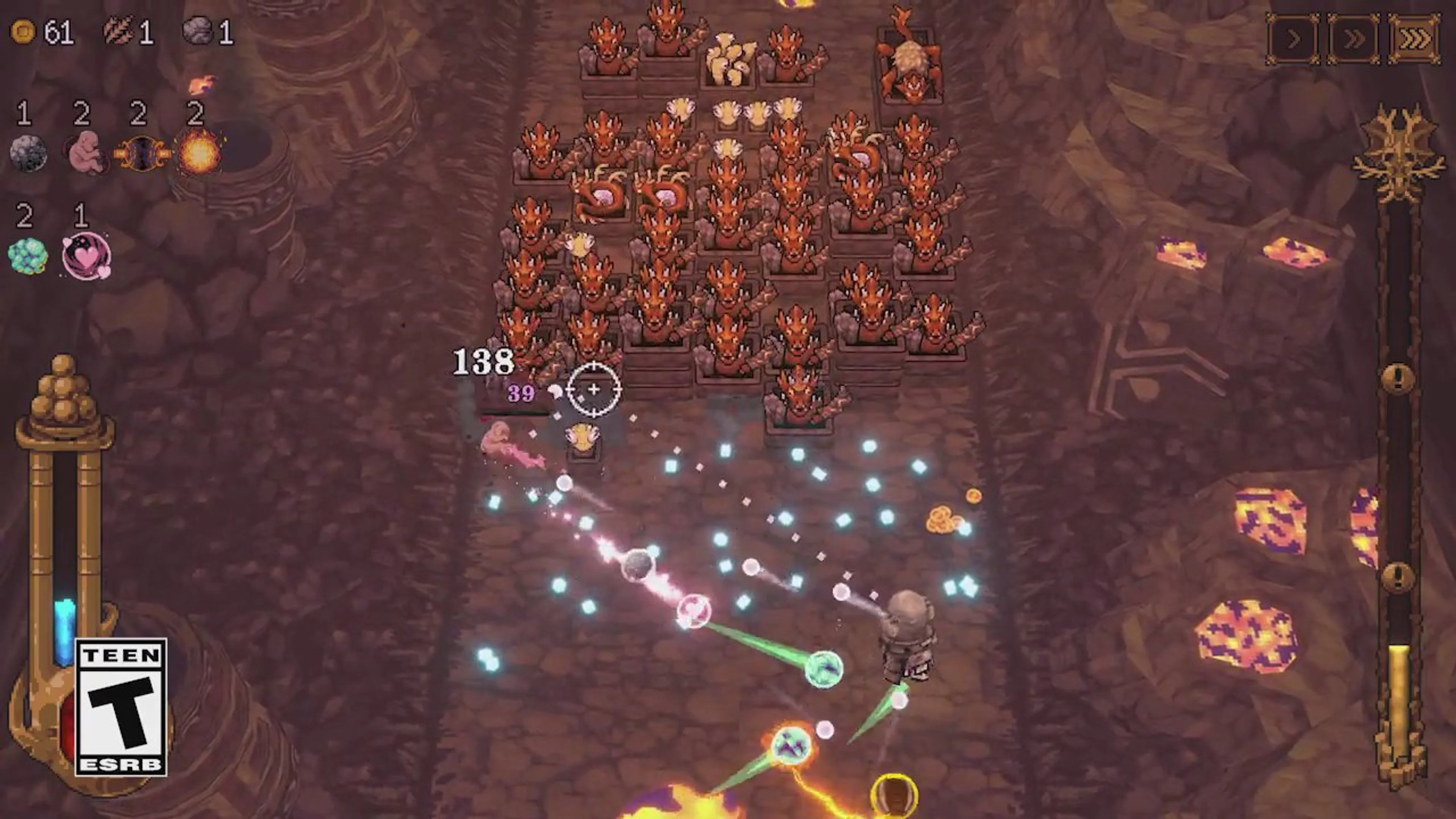 BALL x PIT Naturalist Update gameplay with magic projectiles hitting a large enemy group